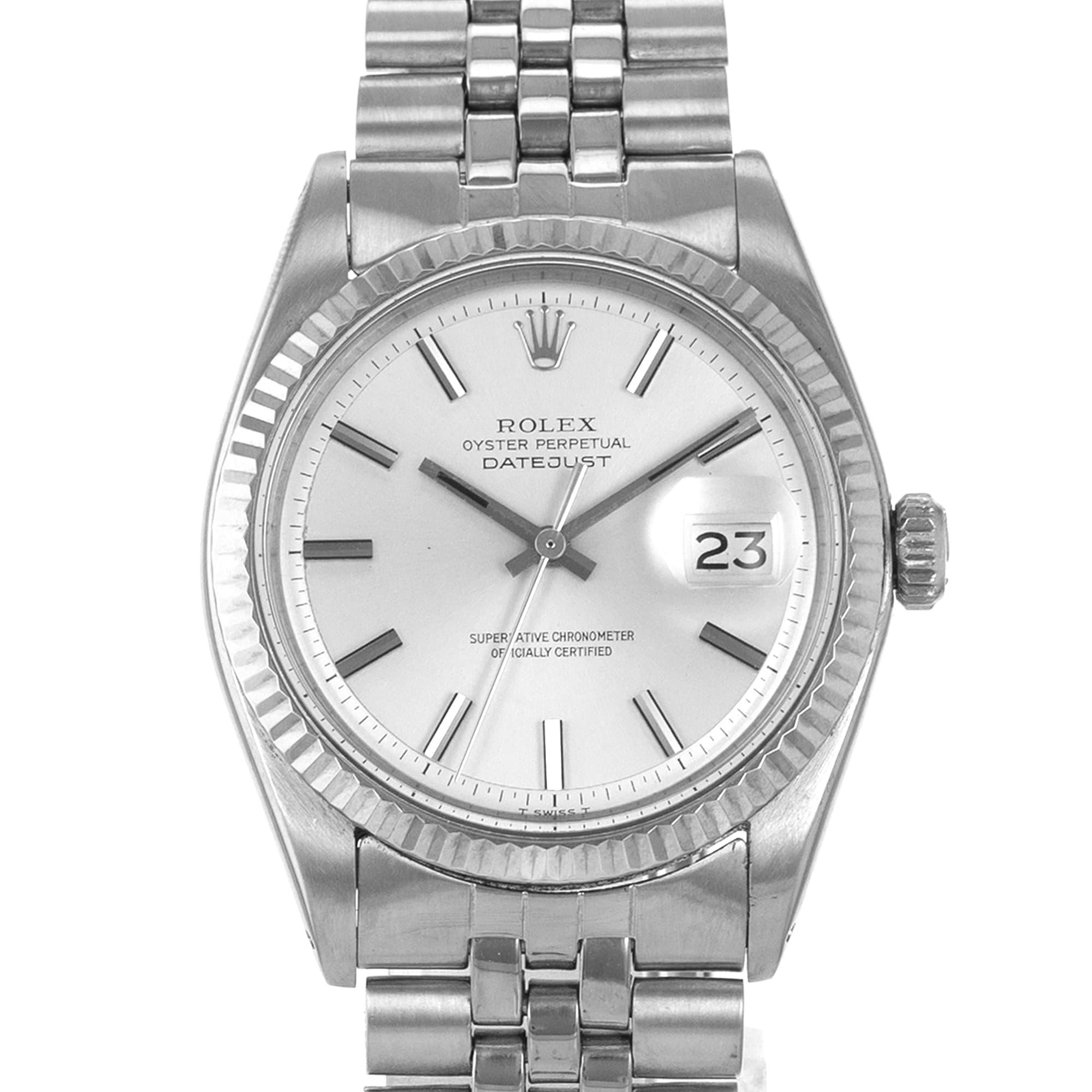 Rolex Datejust 36 1601 Vintage Silver Stick White Gold Jubilee Mens Watch