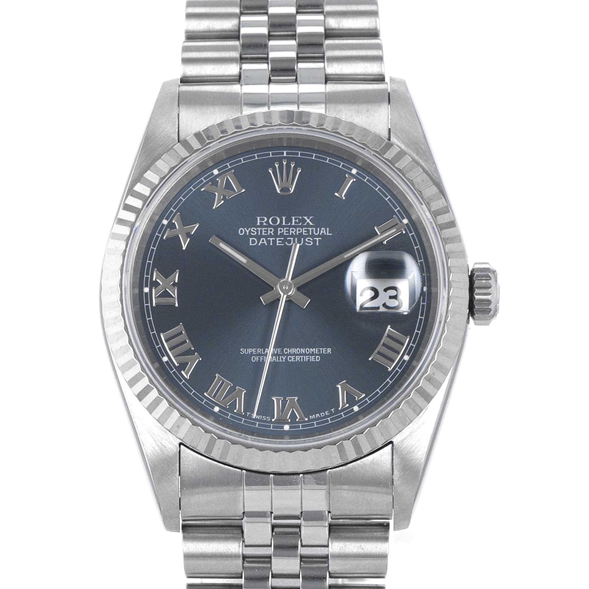 Rolex Datejust 36 16234 Blue Roman Fluted White Gold Jubilee Mens Watch
