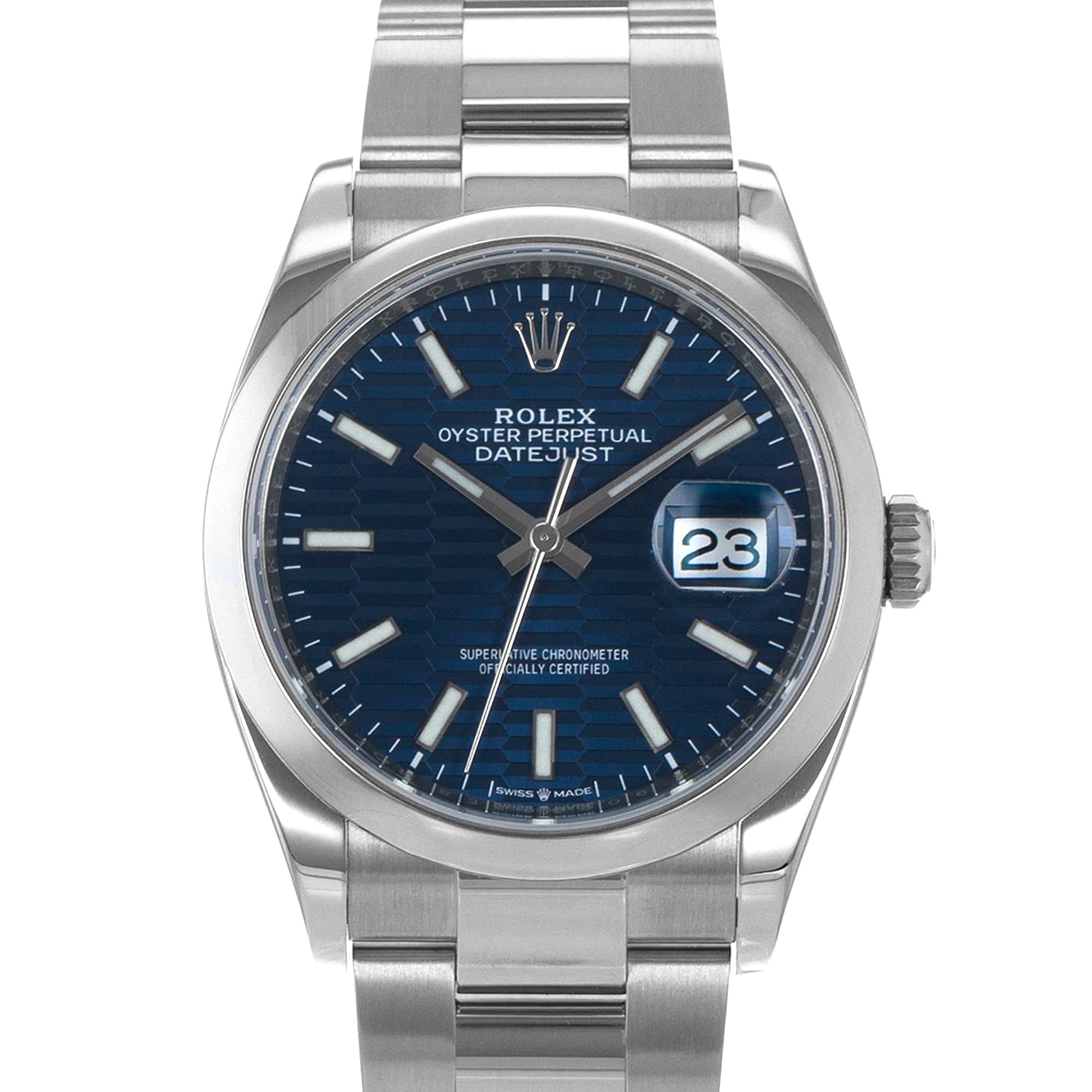 Rolex Datejust 36 126200 Blue Motif Fluted Steel Smooth Oyster Mens Watch 2023