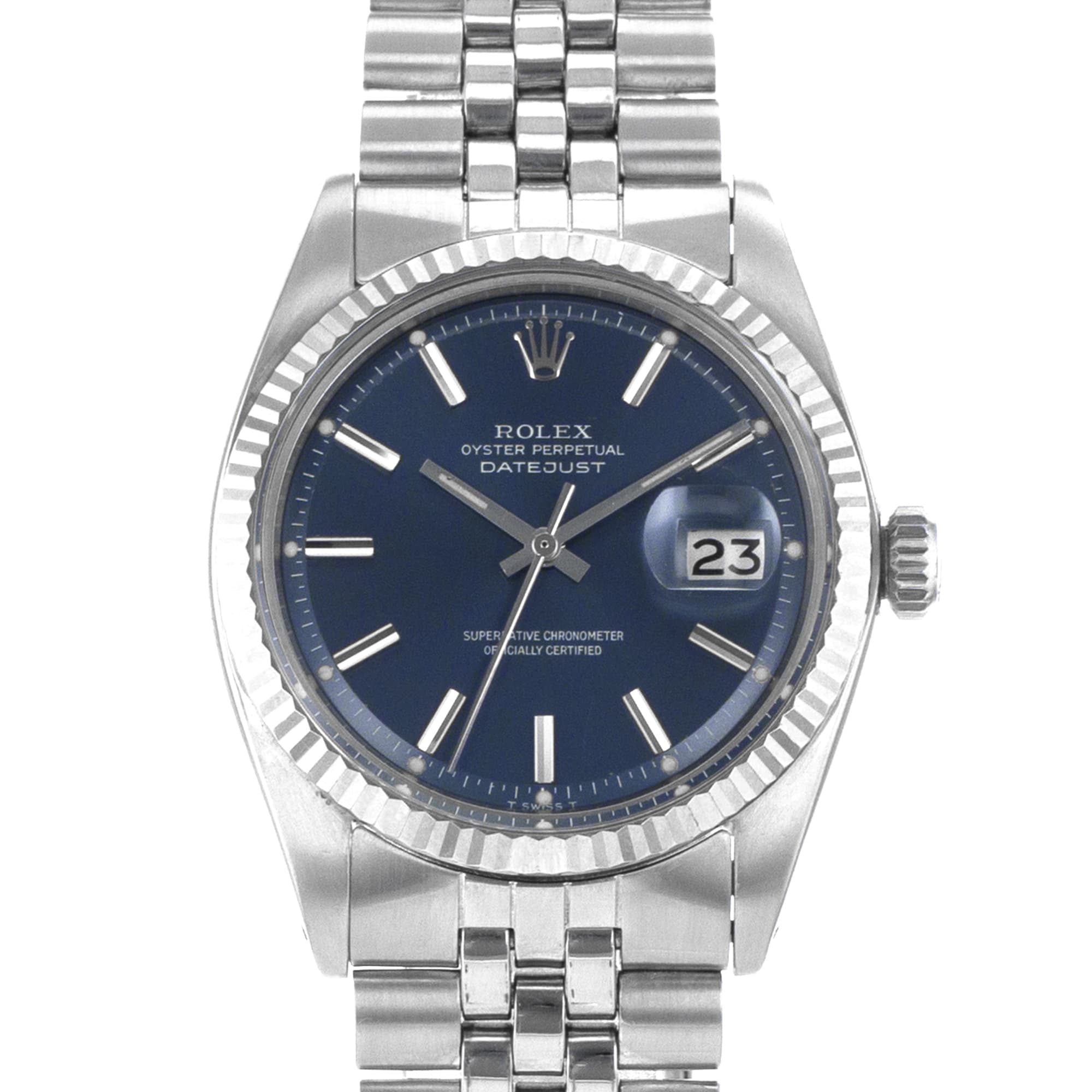Rolex Datejust 36 1601 Blue Stick Vintage Steel White Gold Jubilee Mens Watch