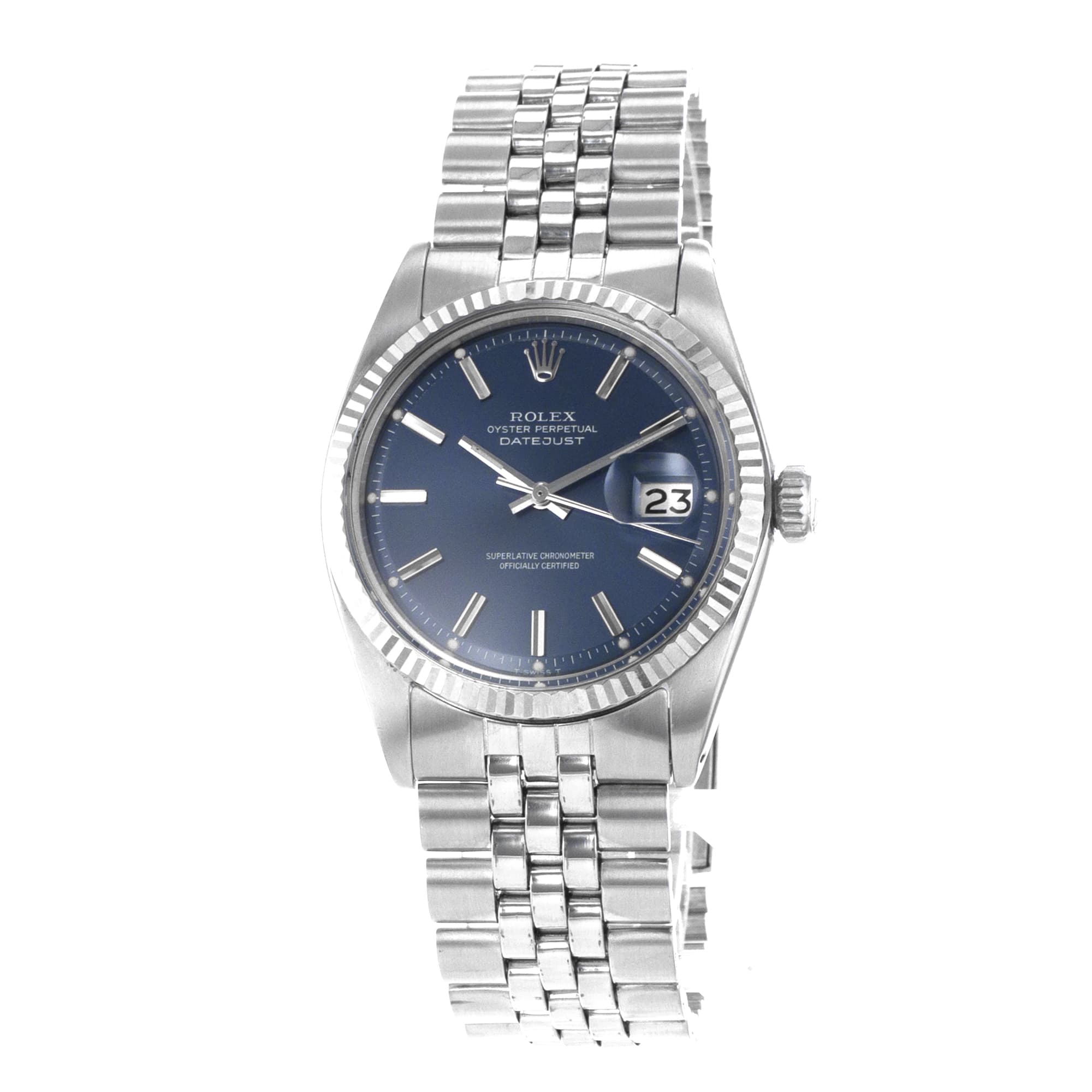 Rolex Datejust 36 1601 Blue Stick Vintage Steel White Gold Jubilee Mens Watch