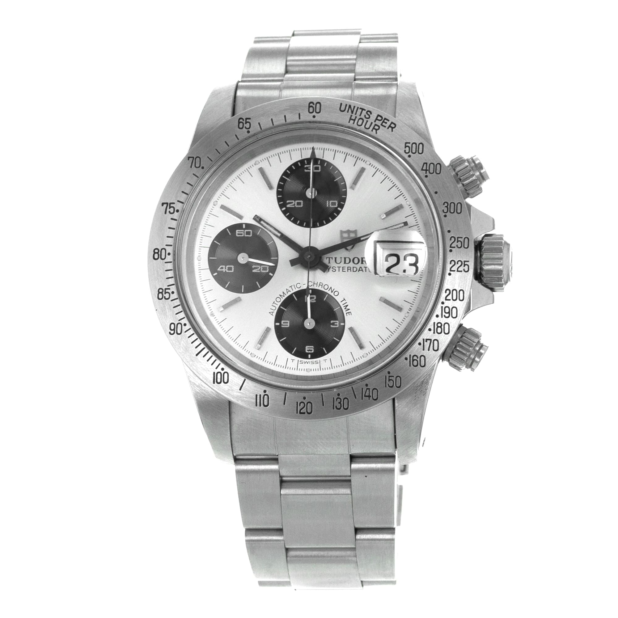 Tudor Oysterdate Big Block 79180 Silver Black Panda Chronograph Mens Watch