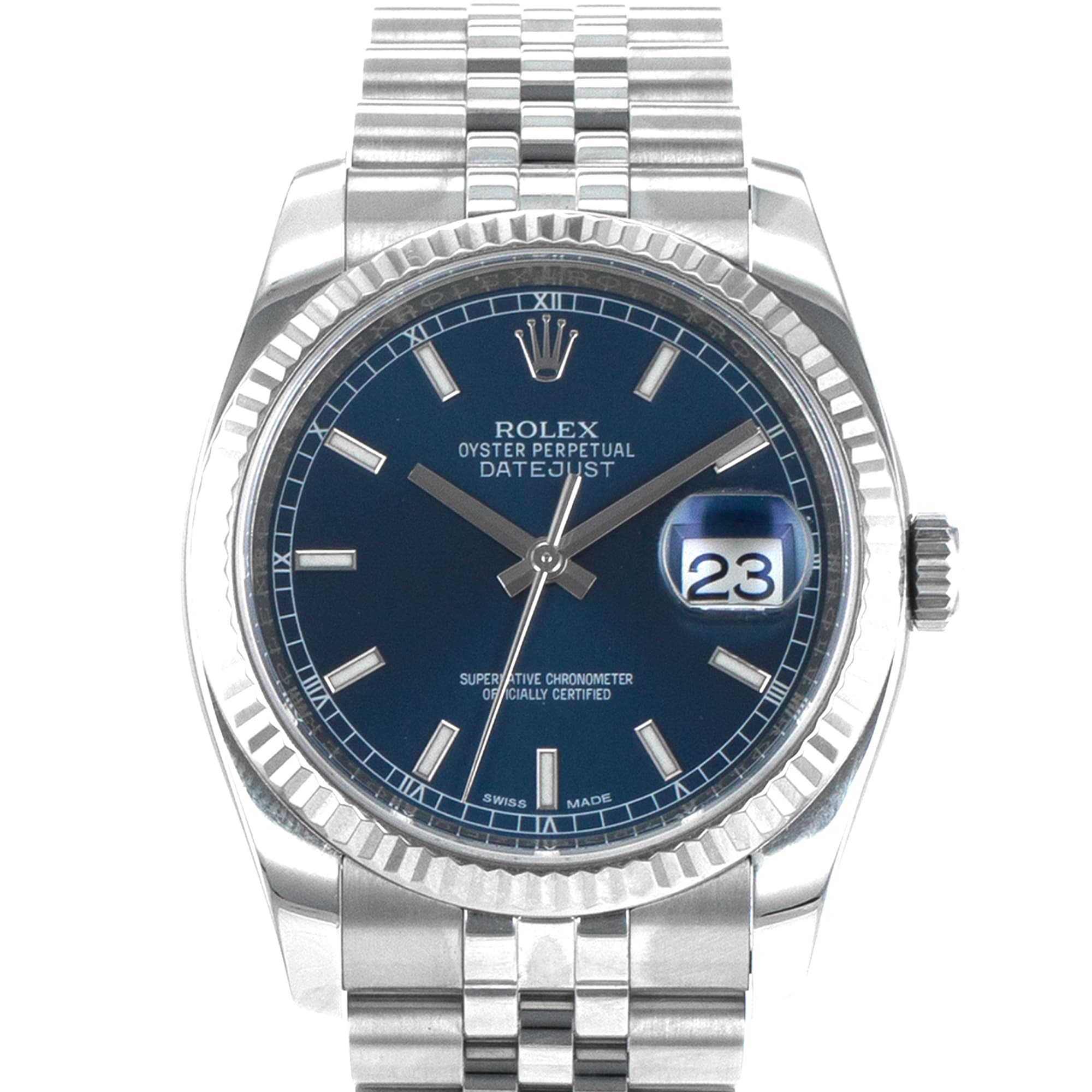 Rolex Datejust 36 116234 Blue Stick Steel White Gold Fluted Jubilee Mens Watch
