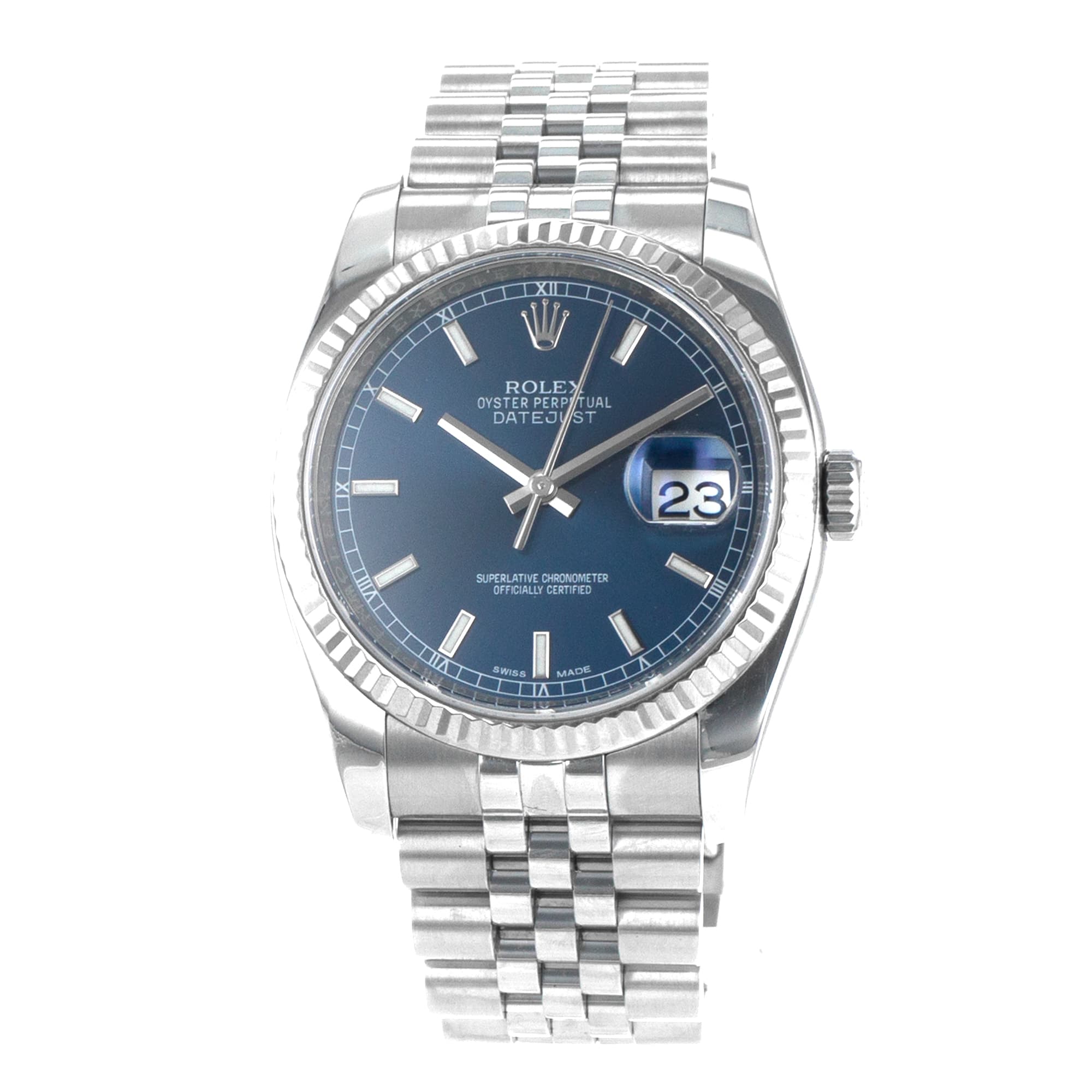 Rolex Datejust 36 116234 Blue Stick Steel White Gold Fluted Jubilee Mens Watch