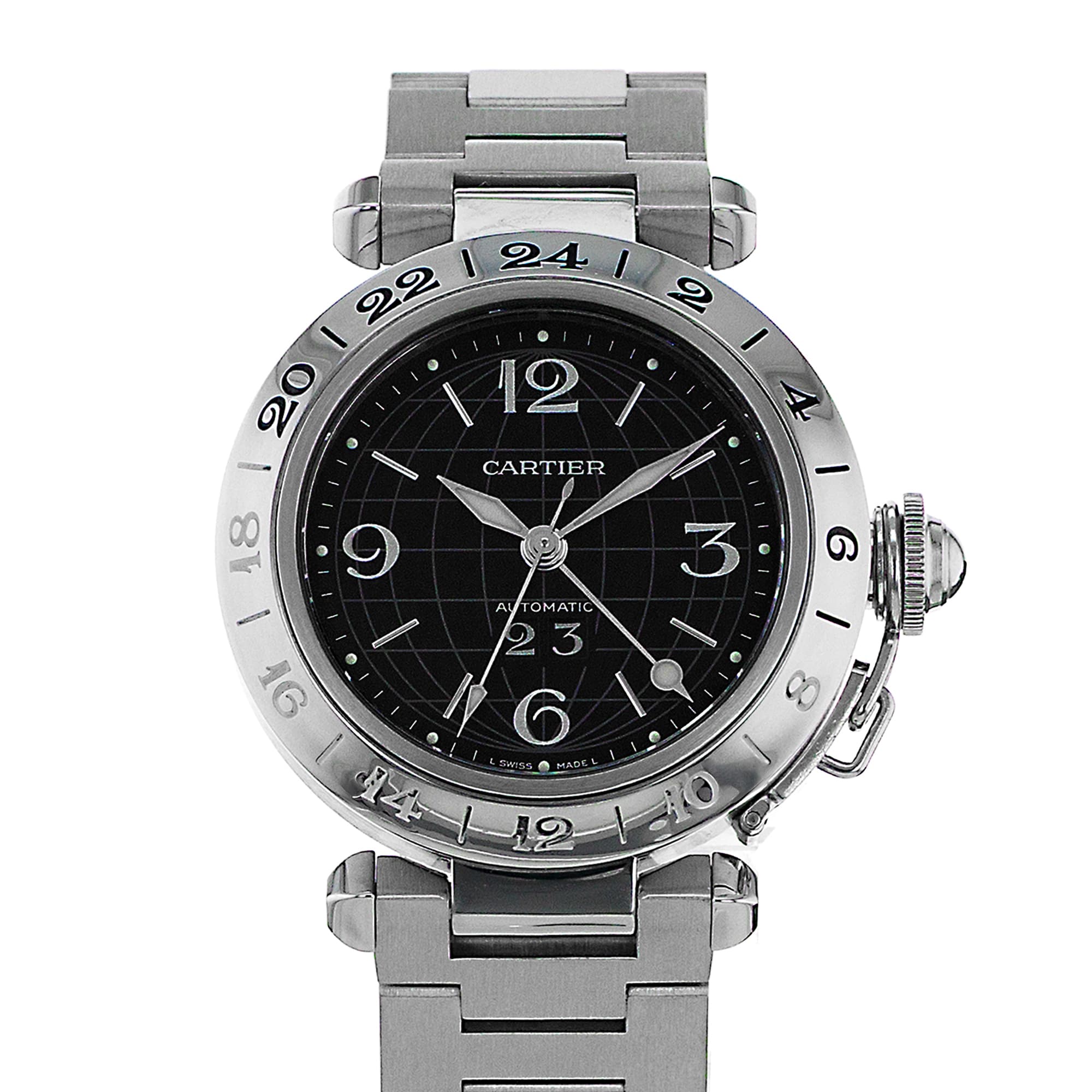 Cartier Pasha W31049M7 2550 35MM Black Arabic GMT Steel Automatic Mens Watch