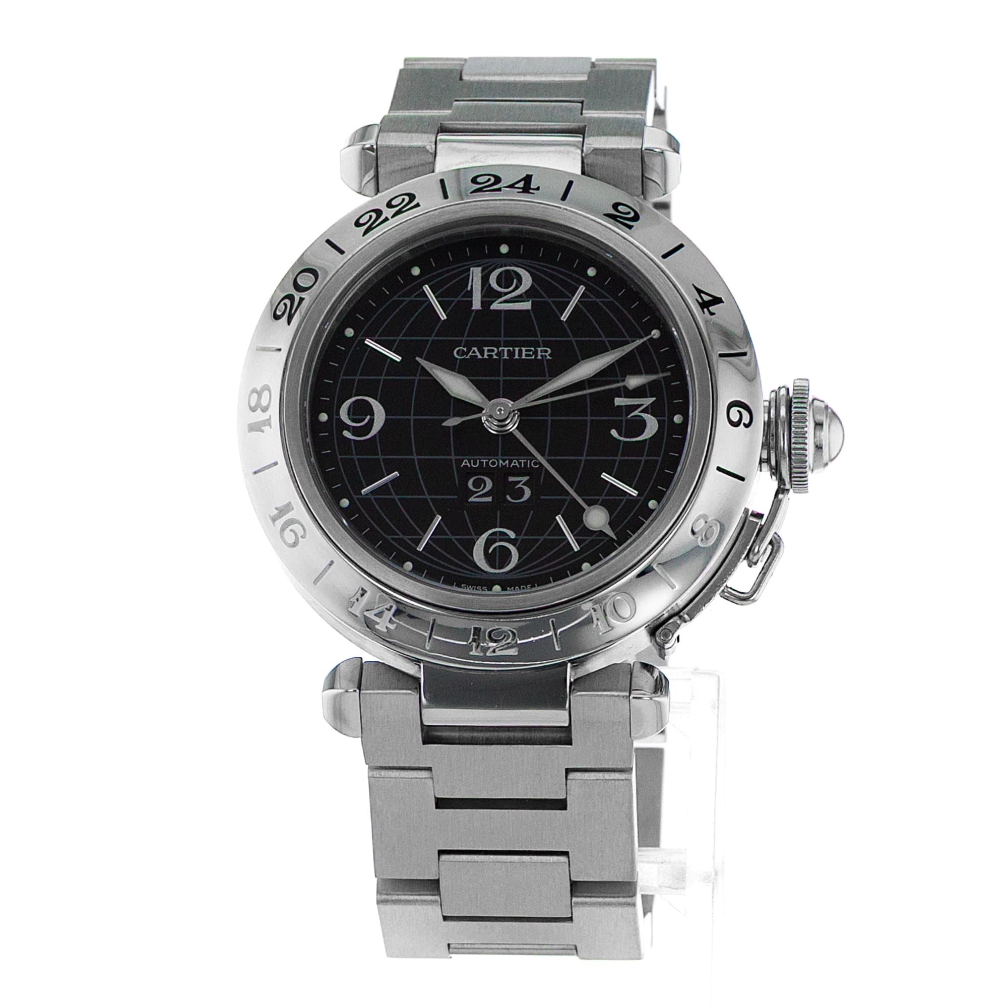 Cartier Pasha W31049M7 2550 35MM Black Arabic GMT Steel Automatic Mens Watch