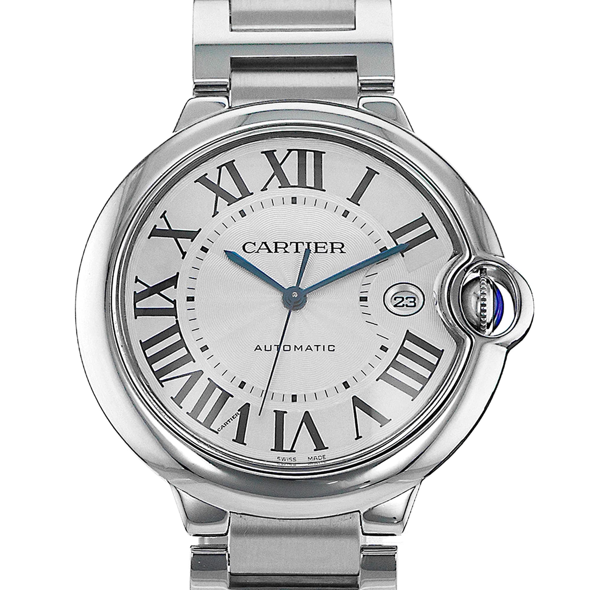 Cartier Ballon Bleu 42mm W69012Z4 3001 Silver Roman Date Steel Mens Watch 2011