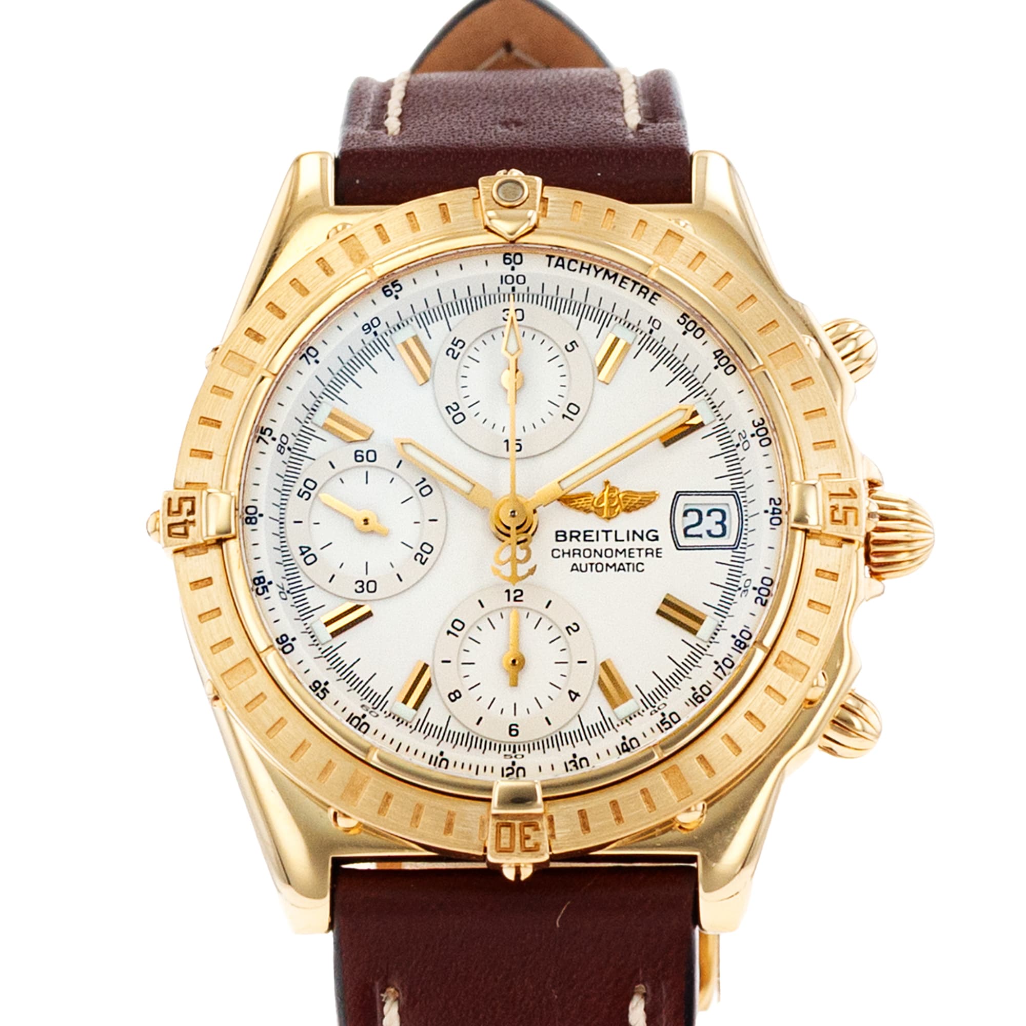 Breitling Chronomat K13352 39mm Yellow Gold White Chronograph Mens Watch 2000