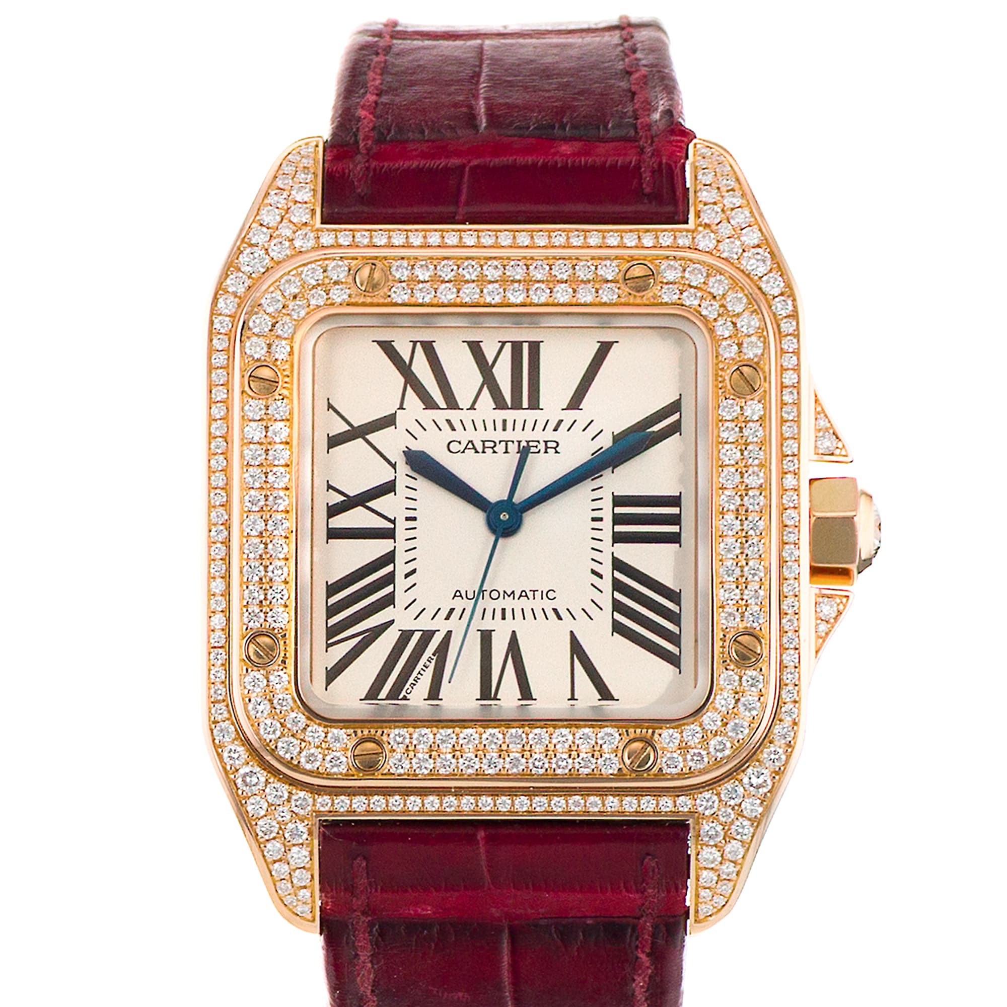 Cartier Santos 100 WM502151 2879 40mm Silver Roman Factory Diamonds Rose Gold