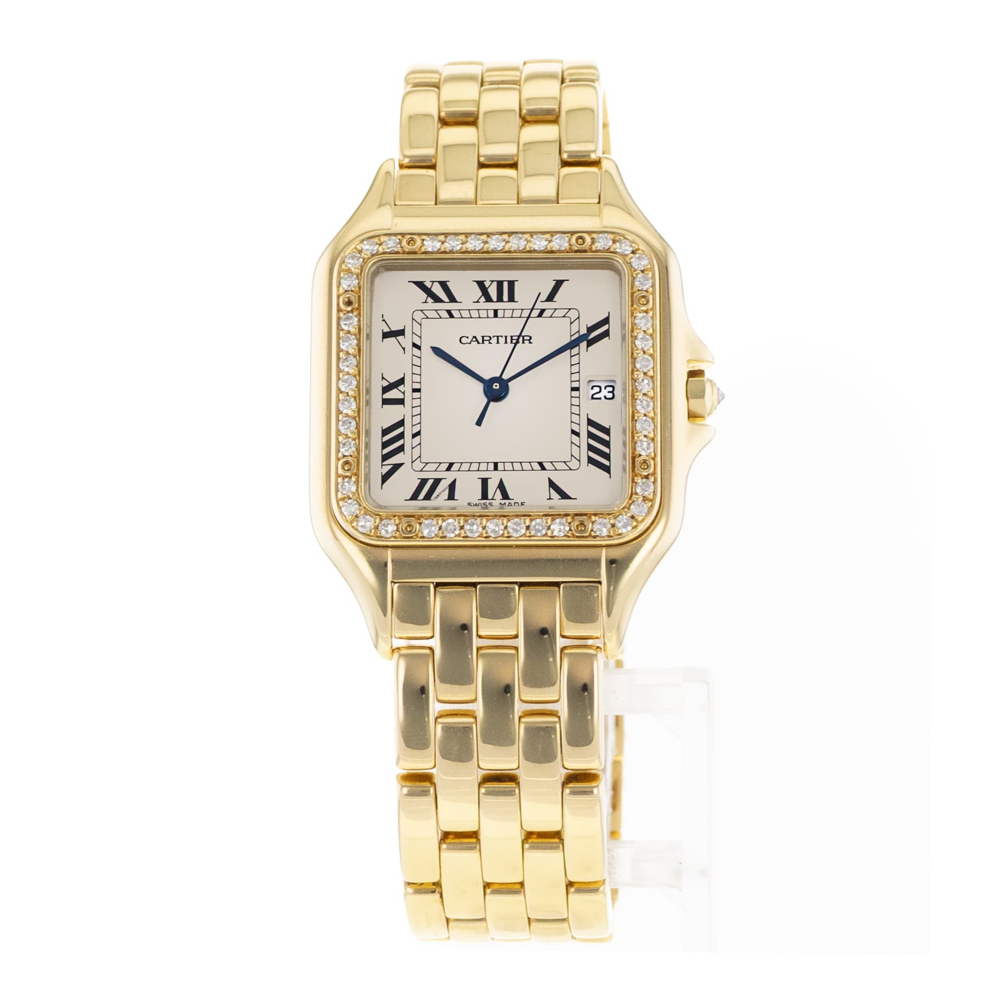 Cartier Panthere 883969 Factory Diamond Silver Roman Yellow Gold Mens Watch