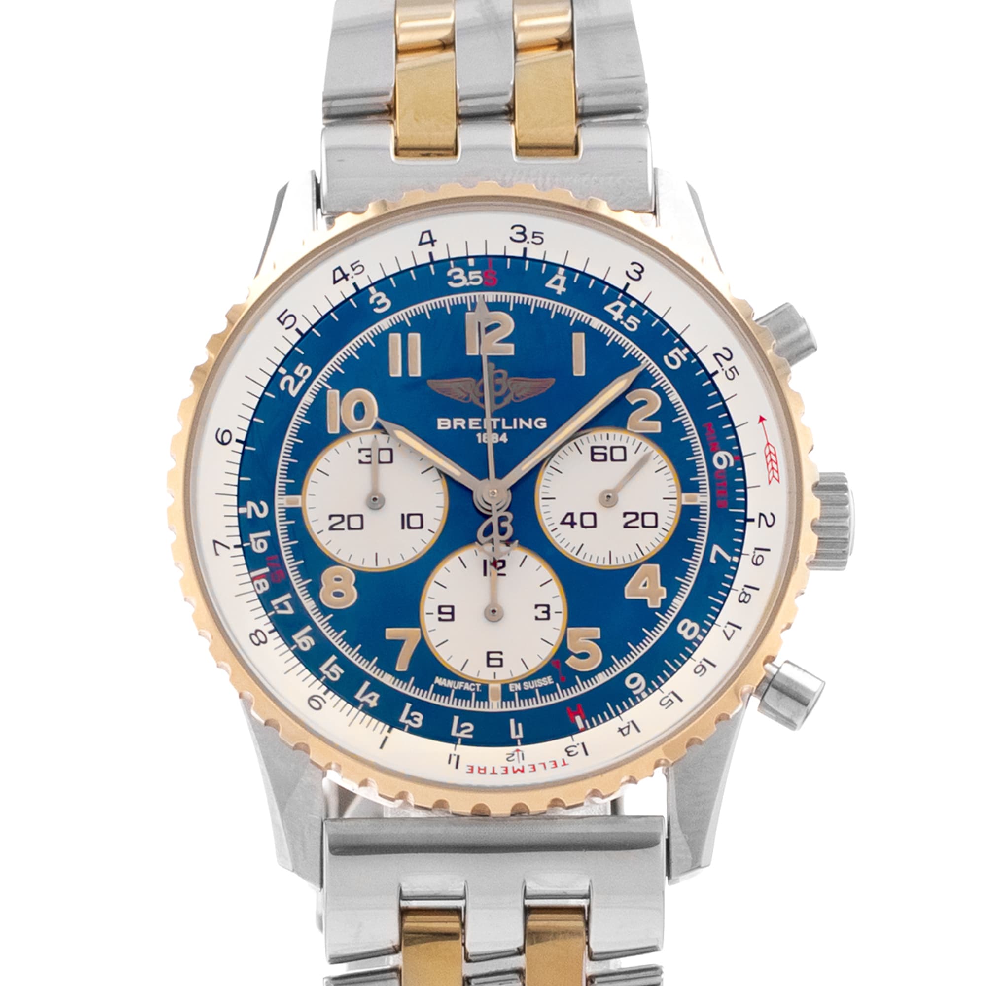 Breitling Navitimer D30022 Blue Roman Steel Yellow Gold Automatic Mens Watch