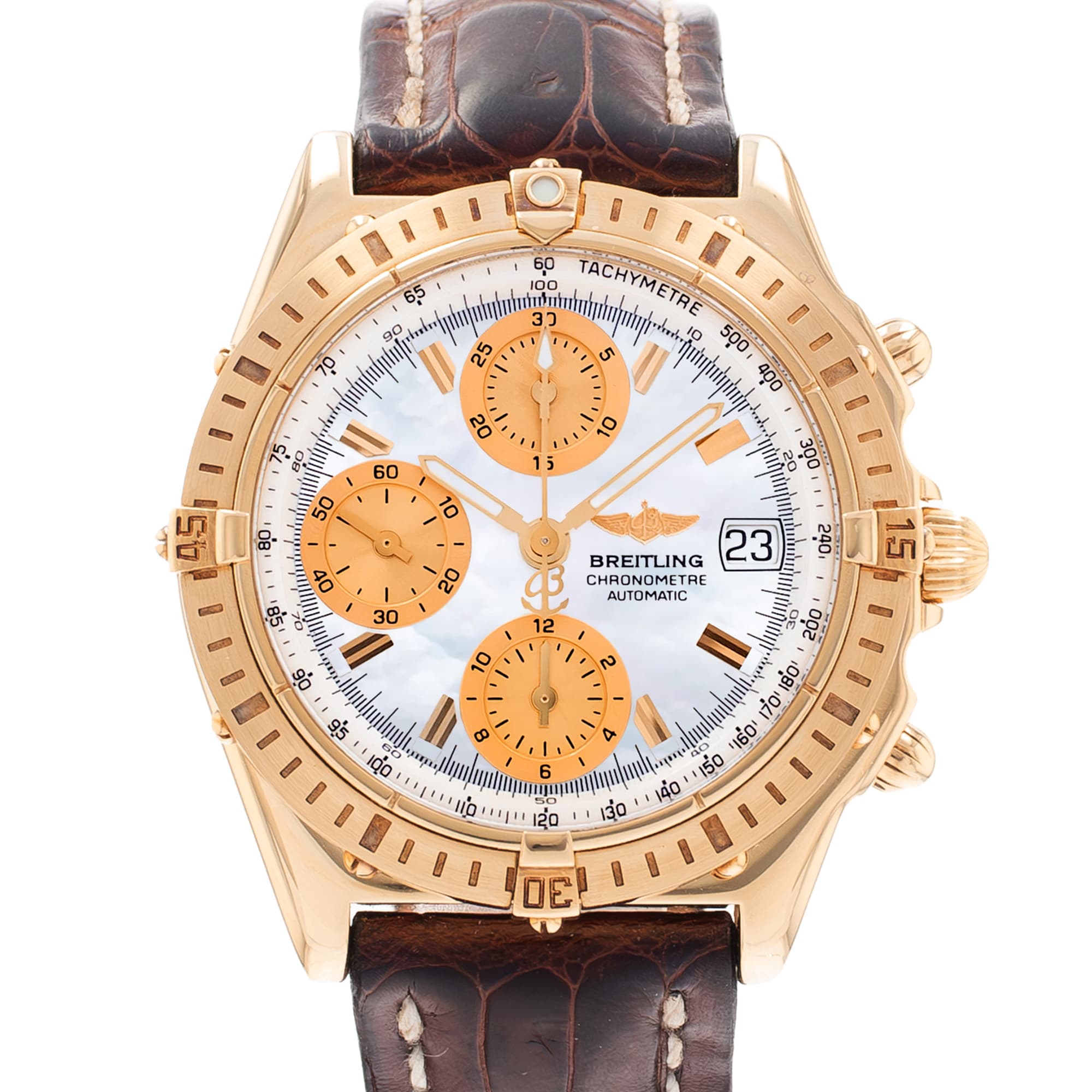 Breitling Chronomat K13352 39mm Mother of Pearl Yellow Gold Mens Watch 2005