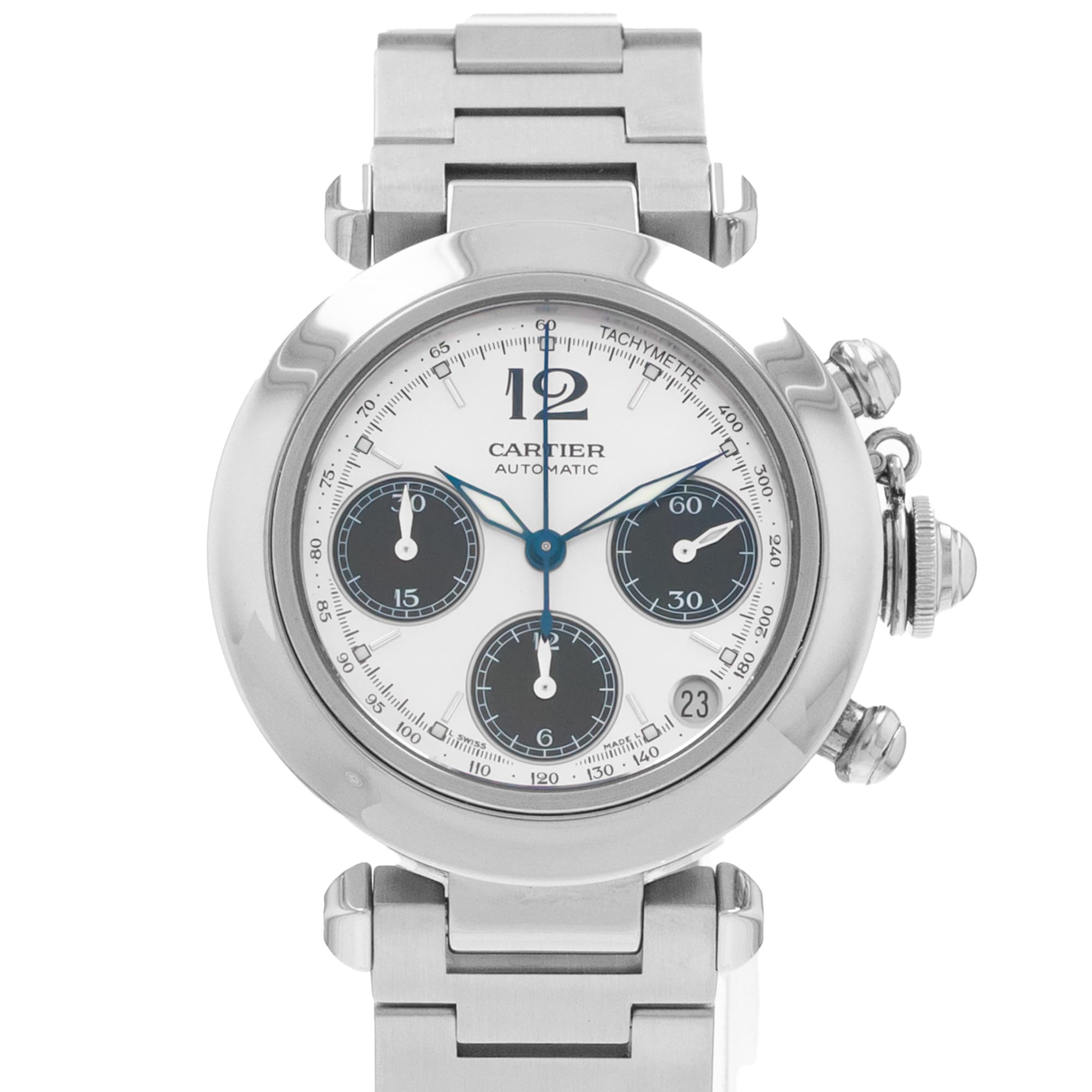 Cartier Pasha C W31048M7 2412 36mm Steel Chronograph Mens Watch