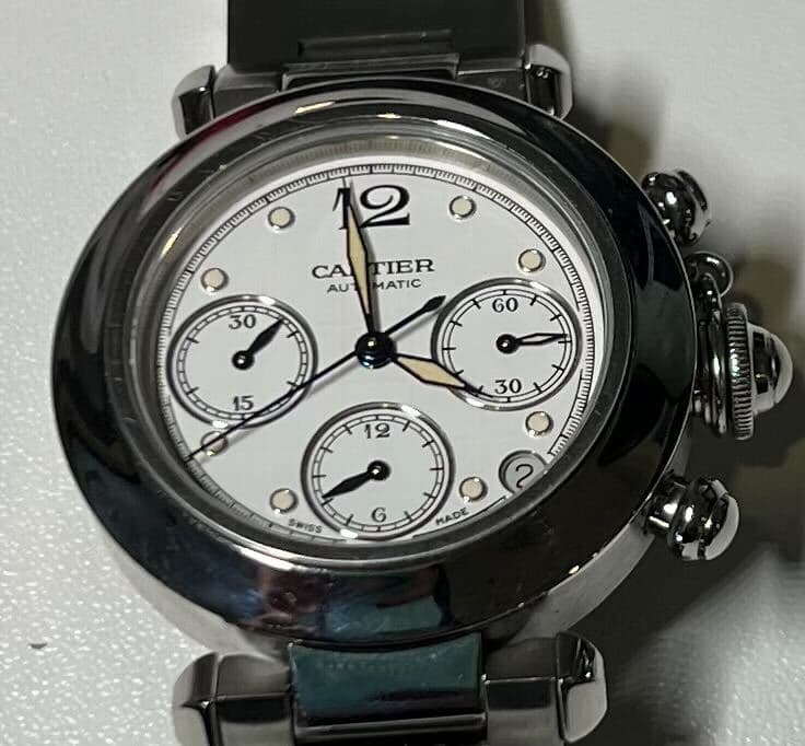 Cartier Pasha de Cartier W31039M7 2412 White Arabic Steel Chronograph Mens Watch