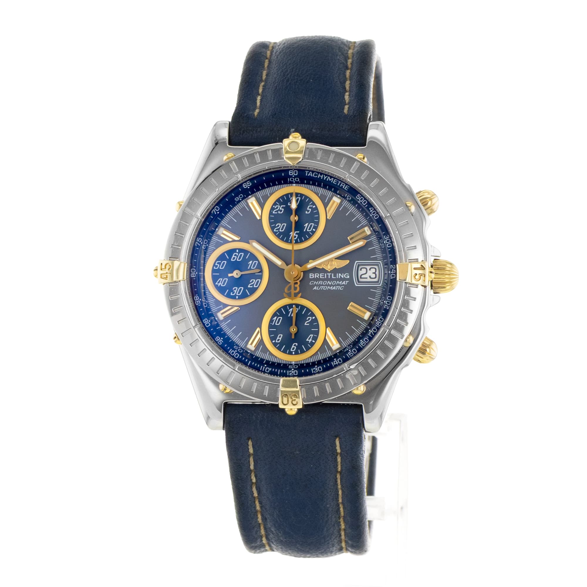 Breitling Chronomat B13350 40mm Grey Steel Yellow Gold Leather Mens Watch