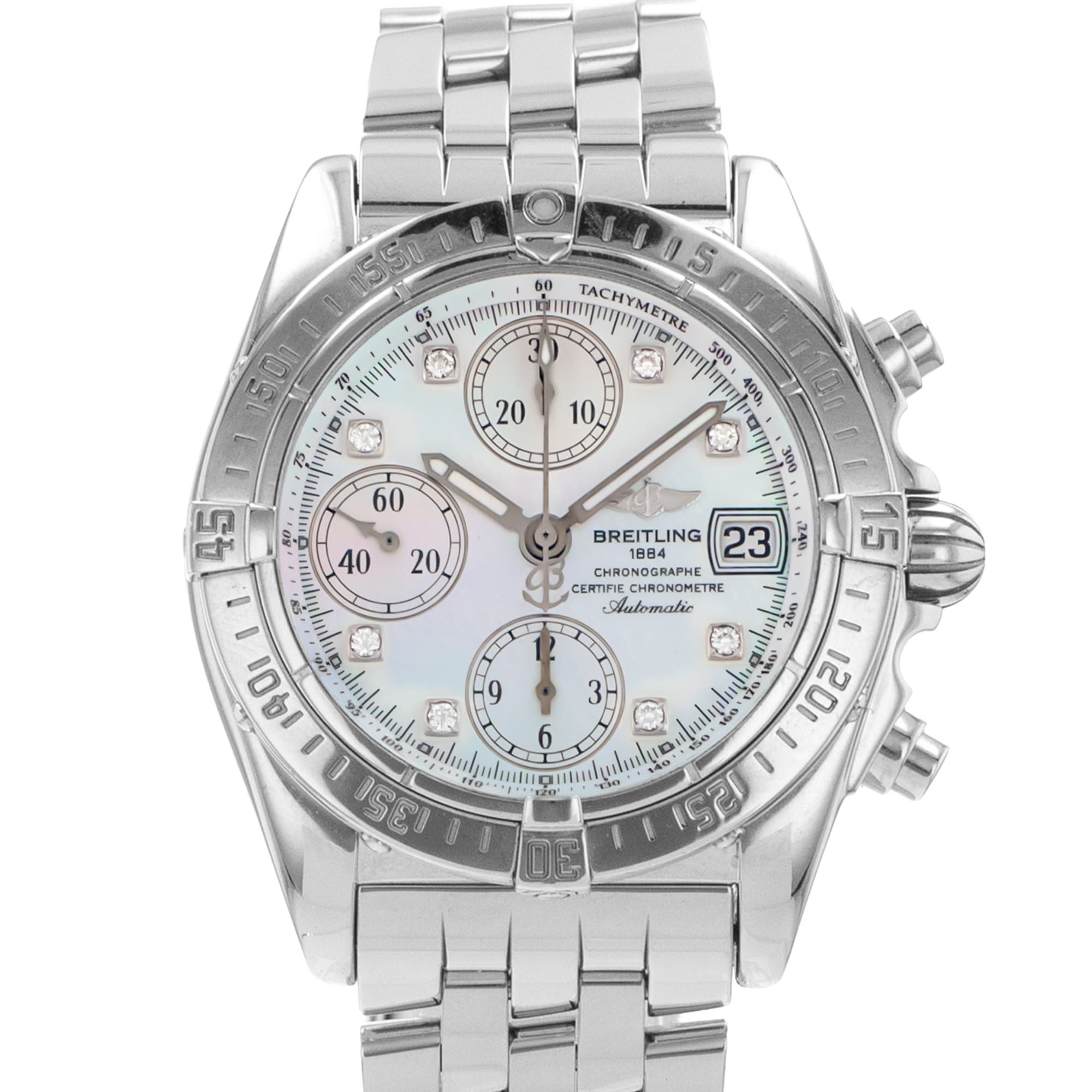 Breitling Chronomat Evolution A13356 White Mother of Pearl Diamond Mens Watch