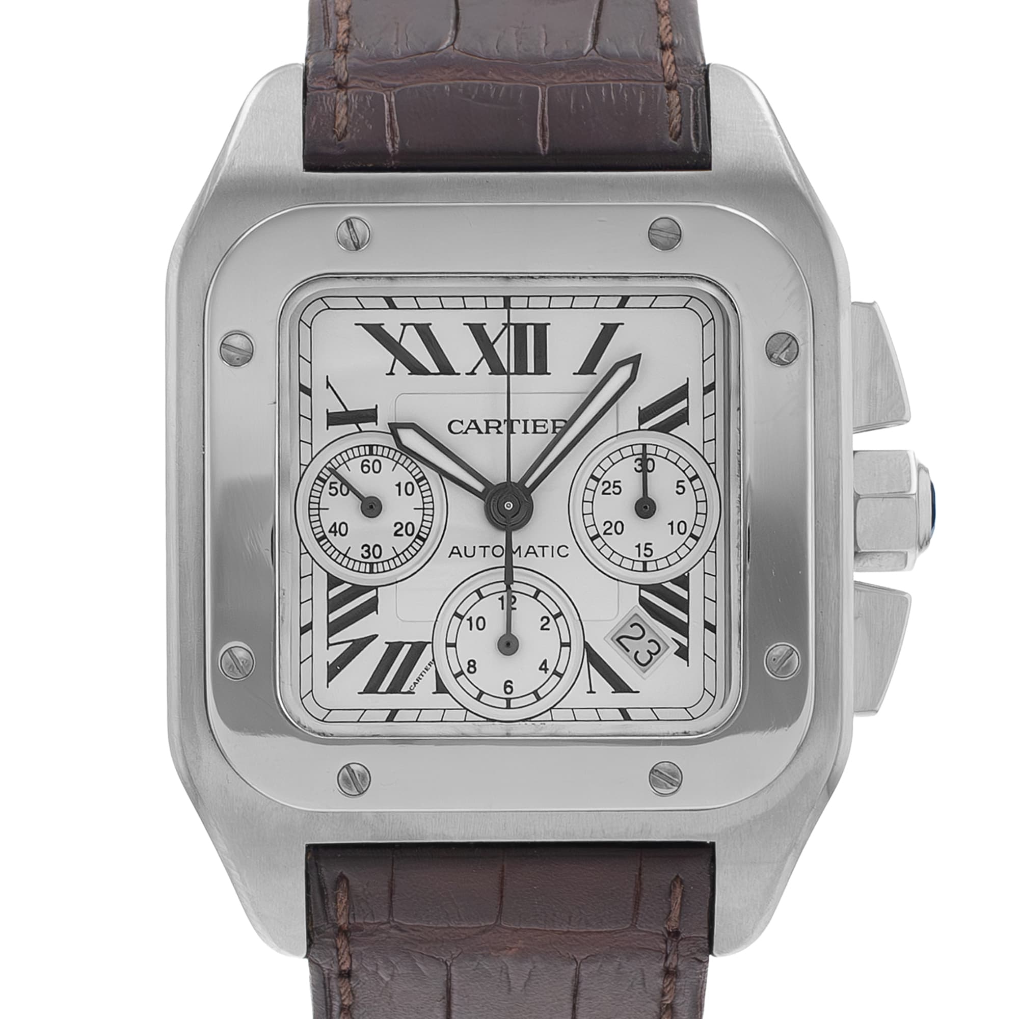 Cartier Santos 100 2740 W20090X8 41mm White Roman Steel Leather Mens Watch