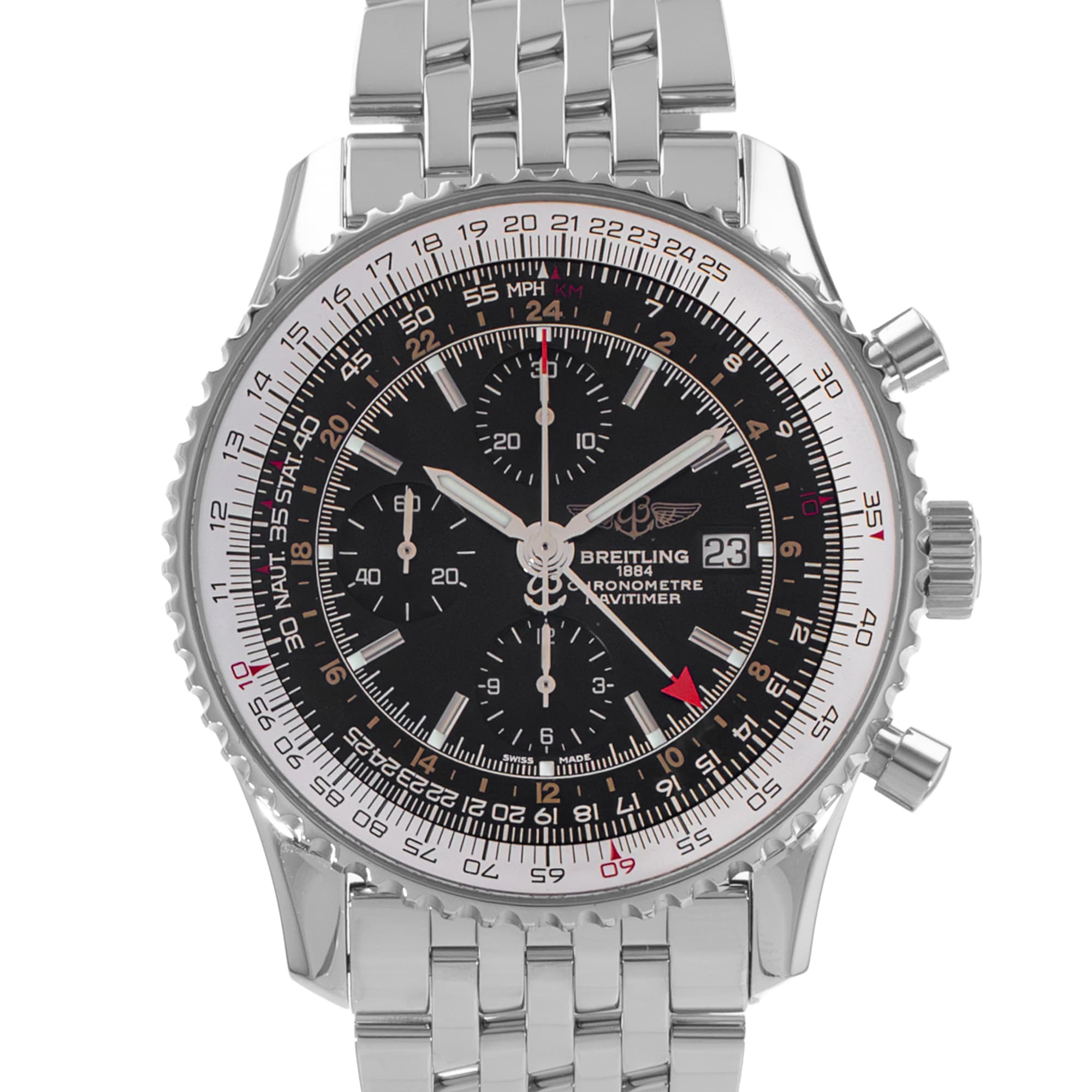Breitling Navitimer World A24322 46mm Black Index Chronograph Steel Mens Watch