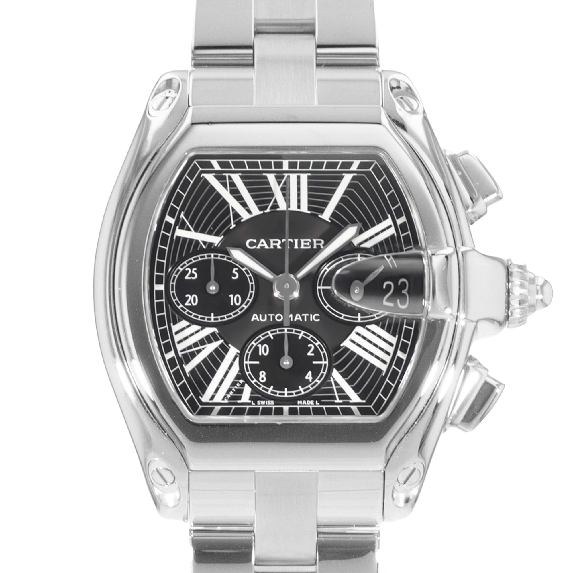 Cartier Roadster W62020X6 2618 42mm Black Roman Steel Chronograph Mens Watch