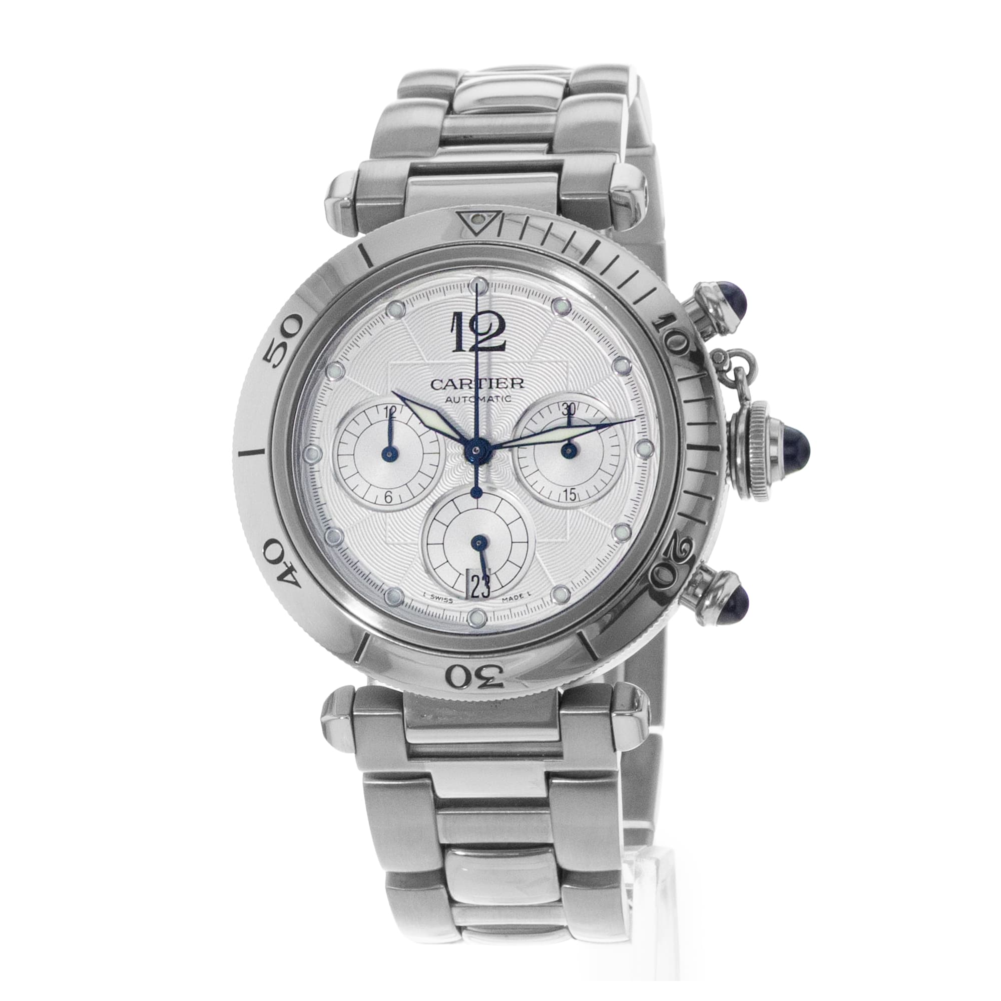 Cartier Pasha W31030H3 2113 38mm Silver Arabic Chronograph Steel Mens Watch