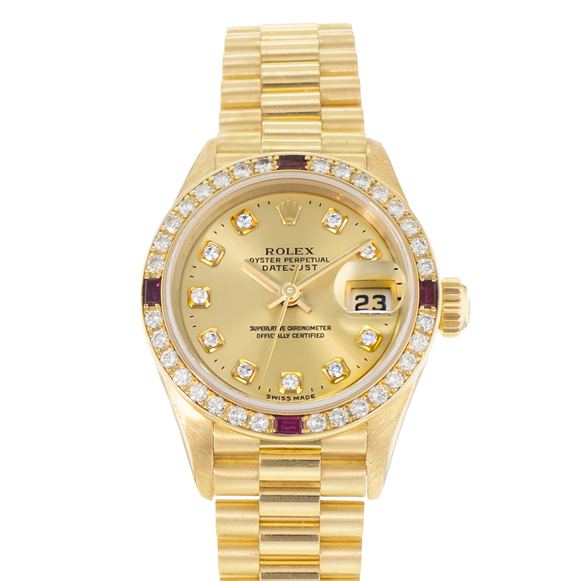 Rolex Datejust 26 69068 Factory Diamond Ruby Gold Presidential Ladies Watch