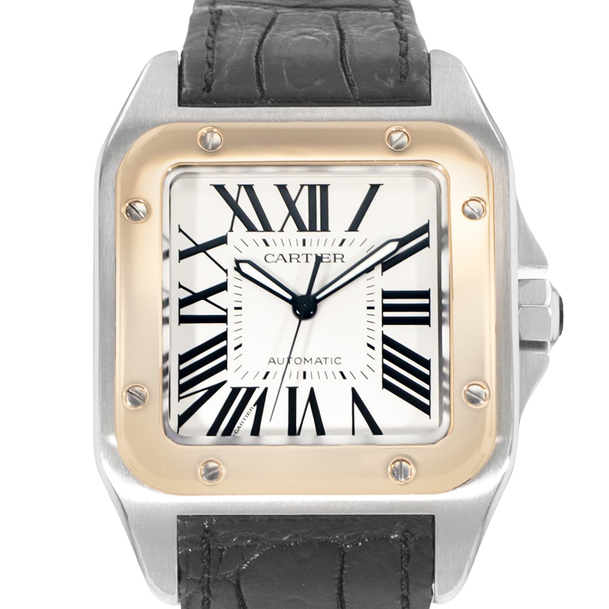 Cartier Santos 100 W20107X7 2656 Silver Roman Steel Gold Leather Mens Watch