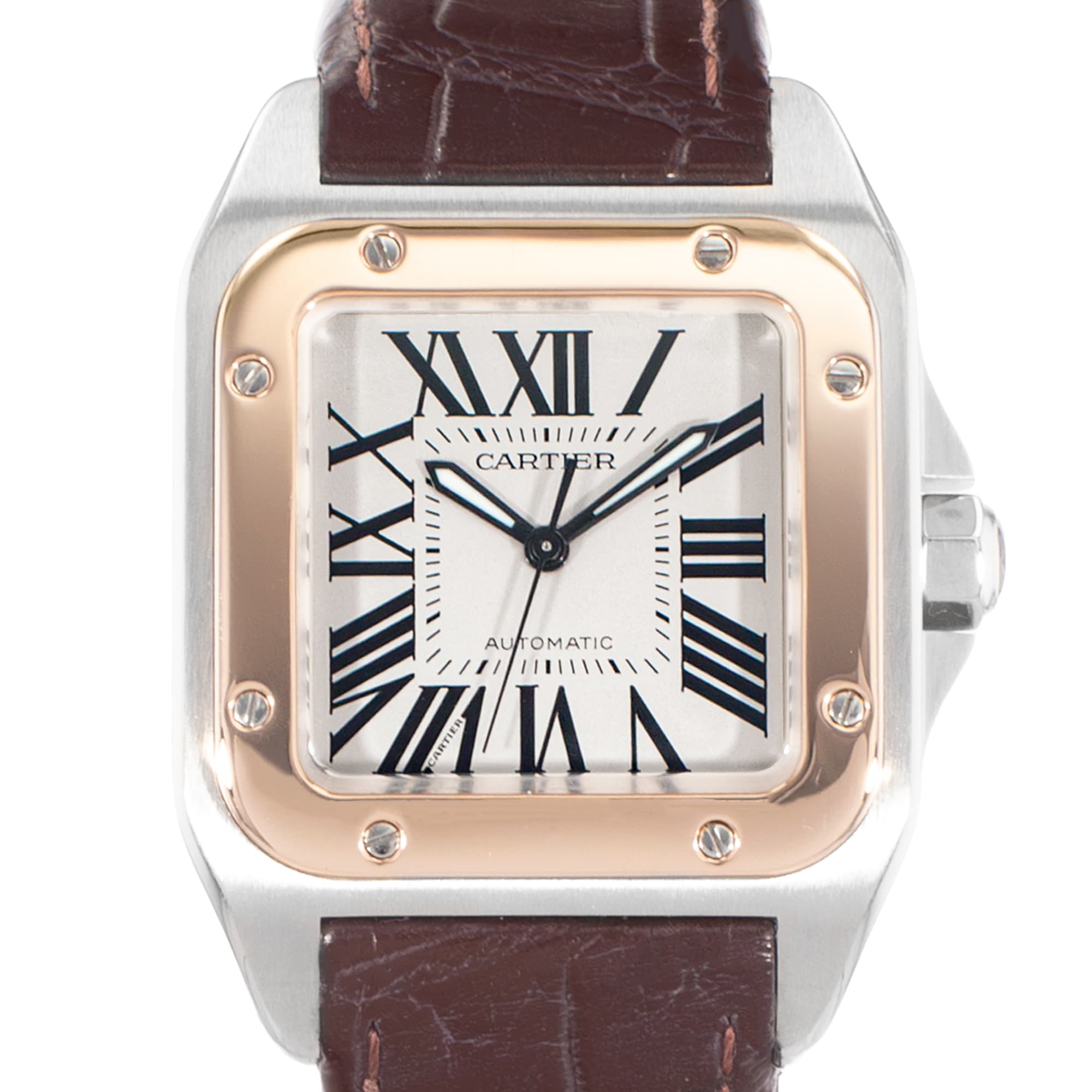Cartier Santos 100 W20077X7 2656 40mm White Steel Gold Leather Mens Watch