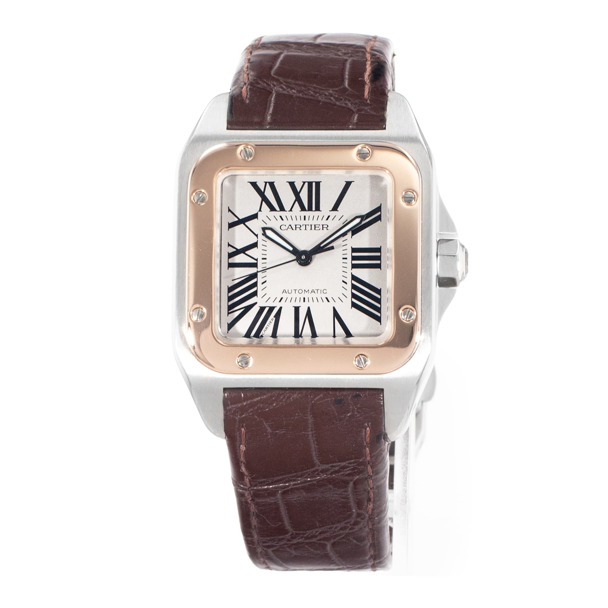 Cartier Santos 100 W20077X7 2656 40mm White Steel Gold Leather Mens Watch