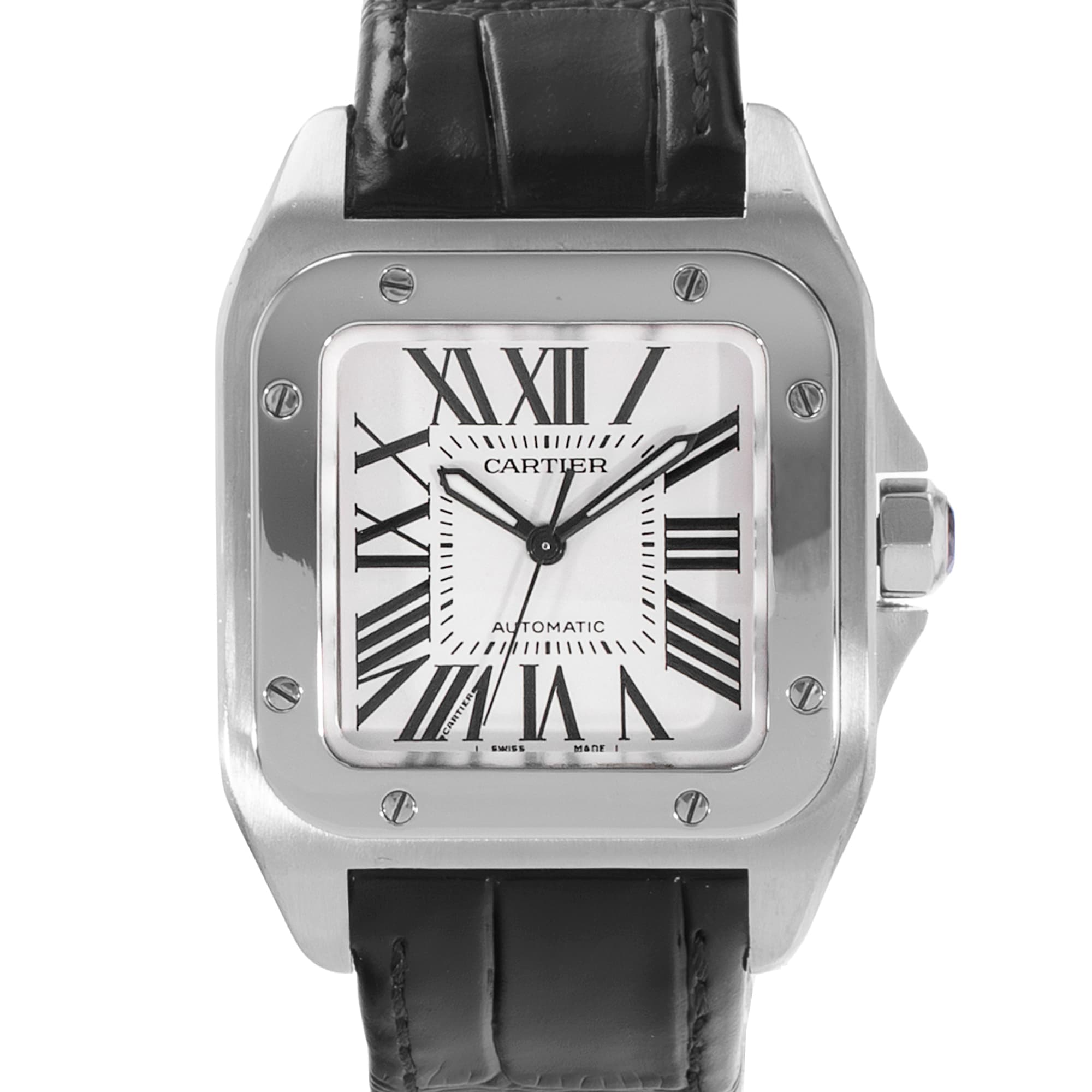 Cartier Santos 100 W20126X8 2878 34mm Silver Roman Steel Leather Mens Watch 2015