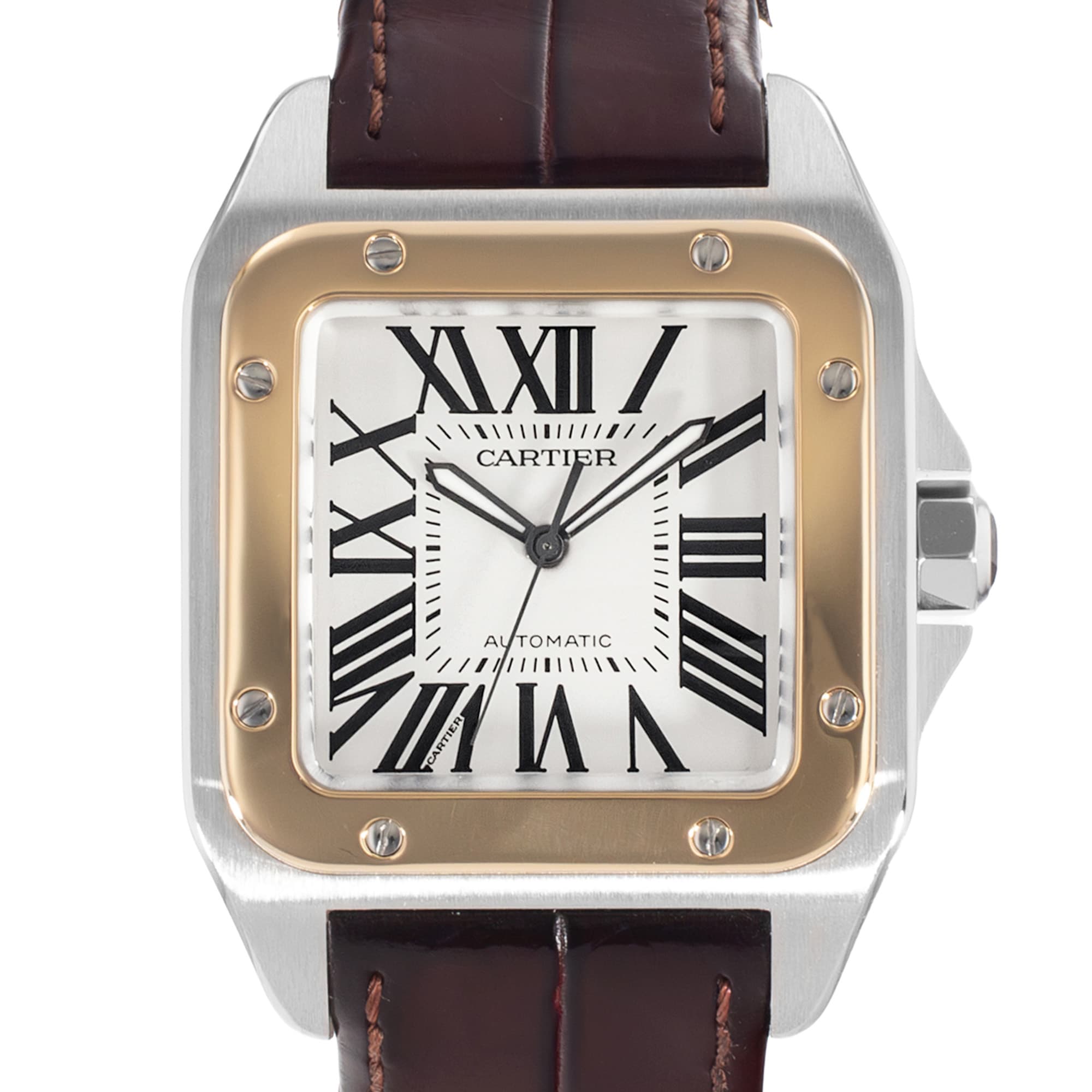 Cartier Santos 100 W20072X7 2656 38mm White Roman Steel Gold Leather Mens Watch