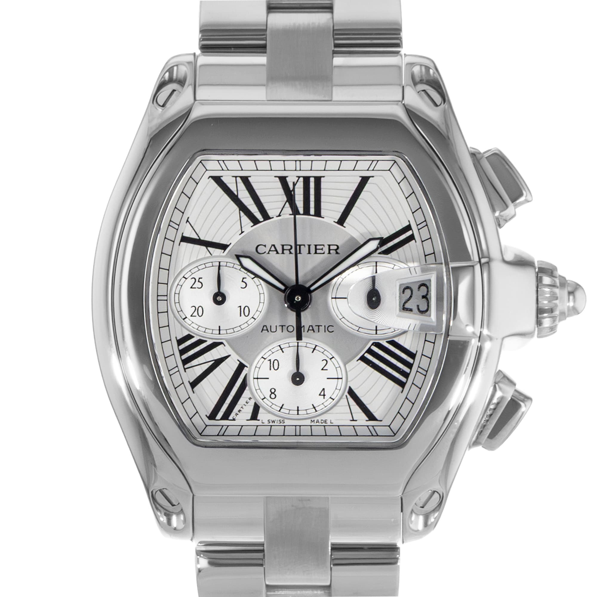 Cartier Roadster W62019X6 2618 43mm Silver Roman Steel Chronograph Mens Watch