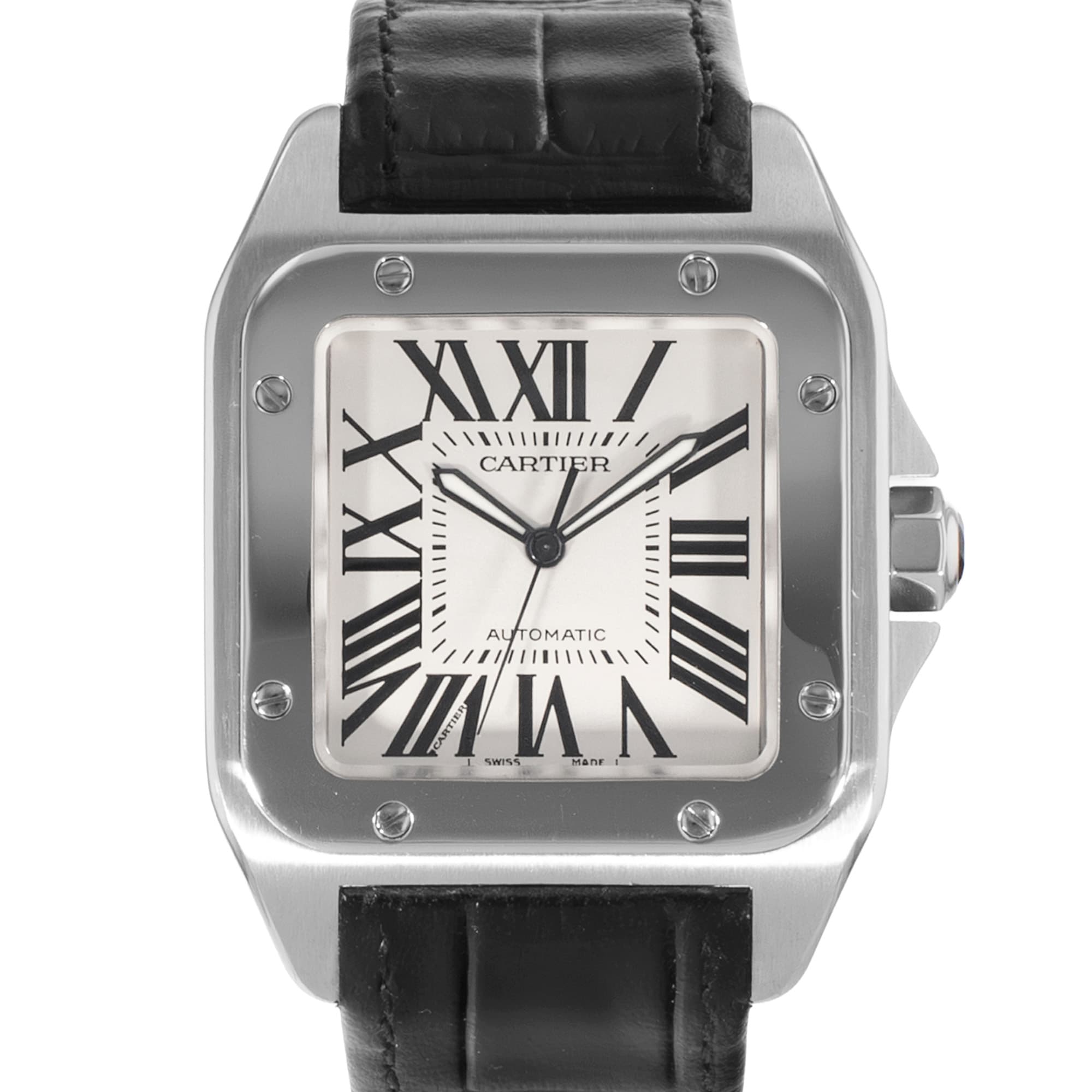 Cartier Santos 100 W20073X8 2656 38mm Large Silver Roman Leather Mens Watch 2010
