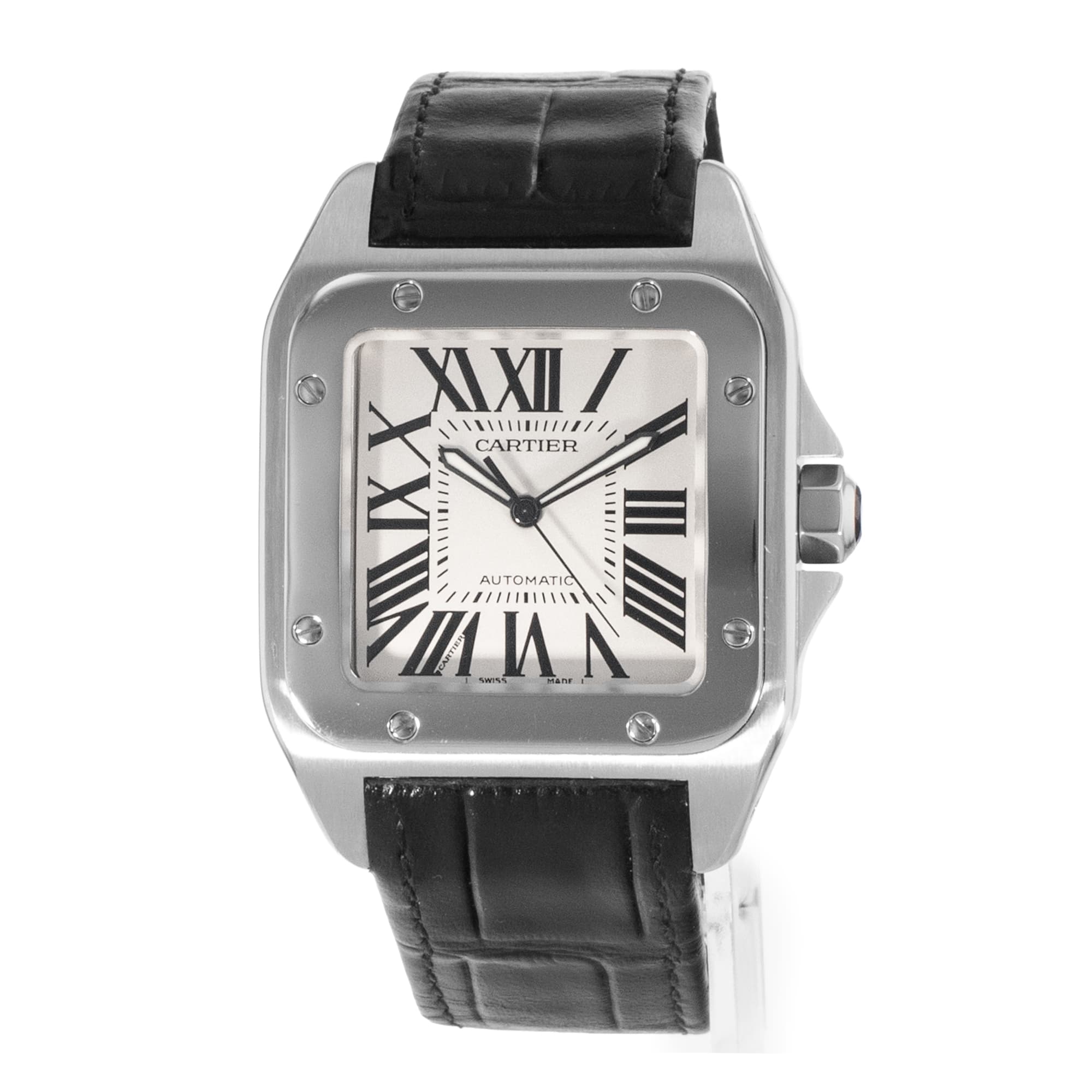 Cartier Santos 100 W20073X8 2656 38mm Large Silver Roman Leather Mens Watch 2010
