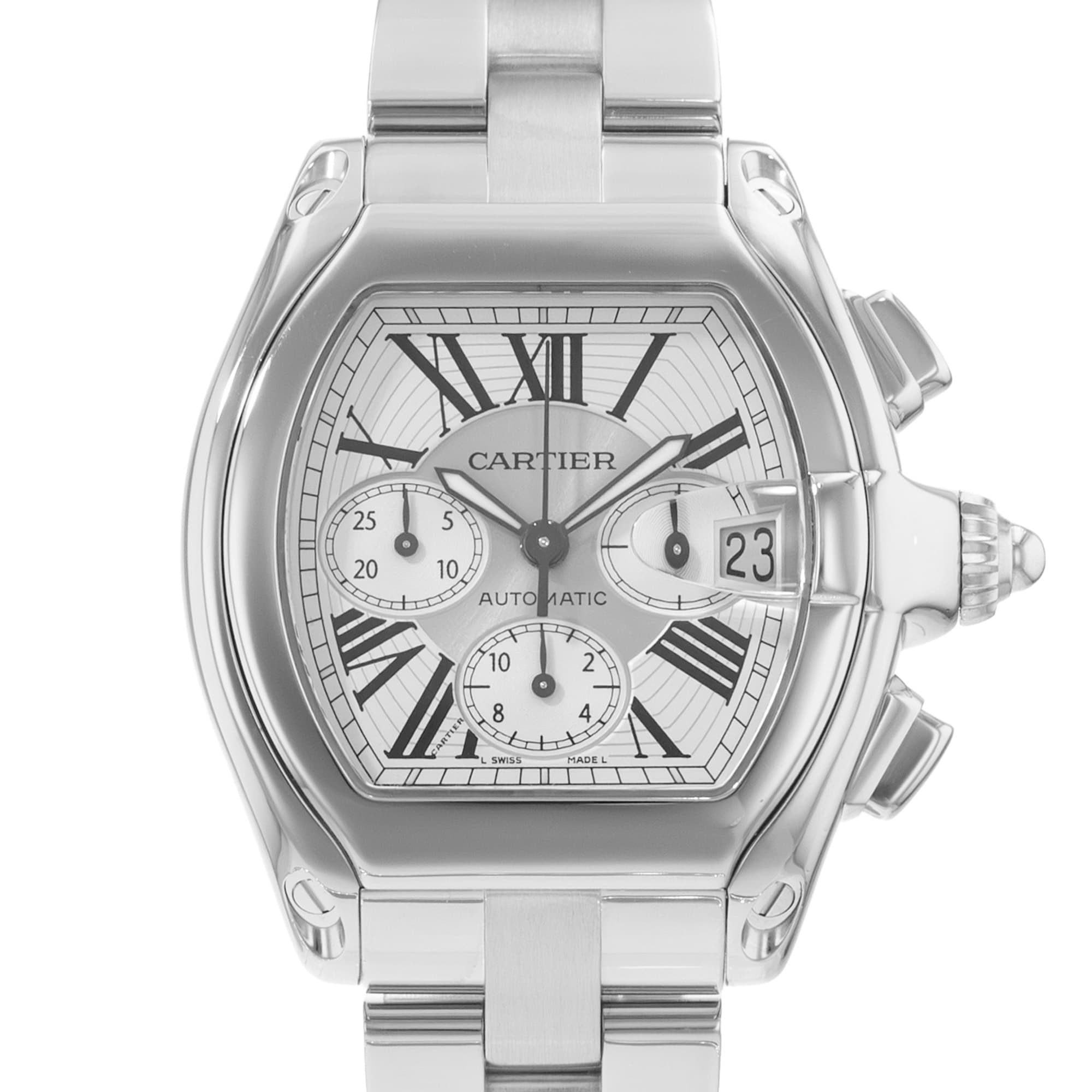 Cartier Roadster W62019X6 2618 43mm Steel Silver Arabic Chronograph Mens Watch