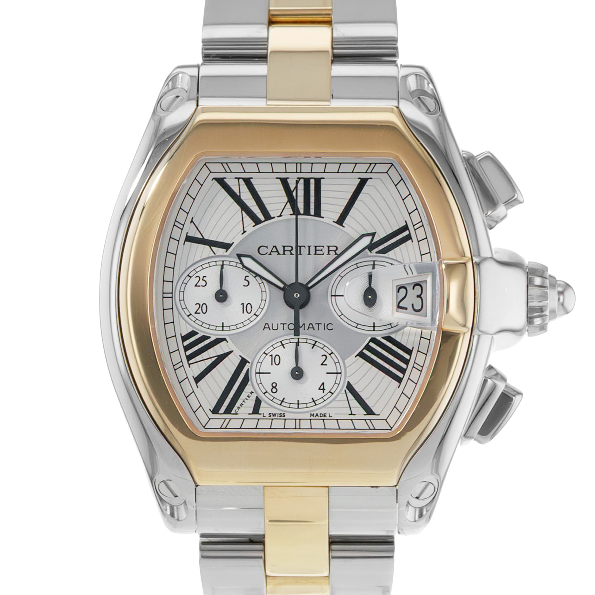 Cartier Roadster W62027Z1 2618 48mm Silver Roman Steel Yellow Gold Mens Watch