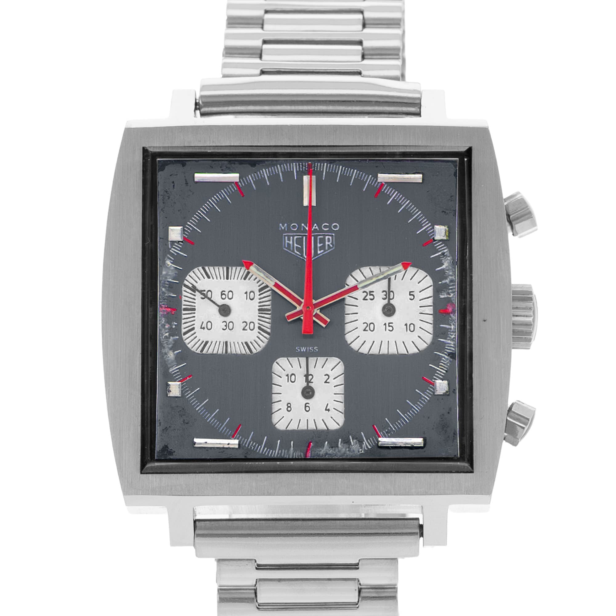 TAG Heuer Monaco 73633 40mm Vintage Grey Steel Chronograph Mens Watch 1975