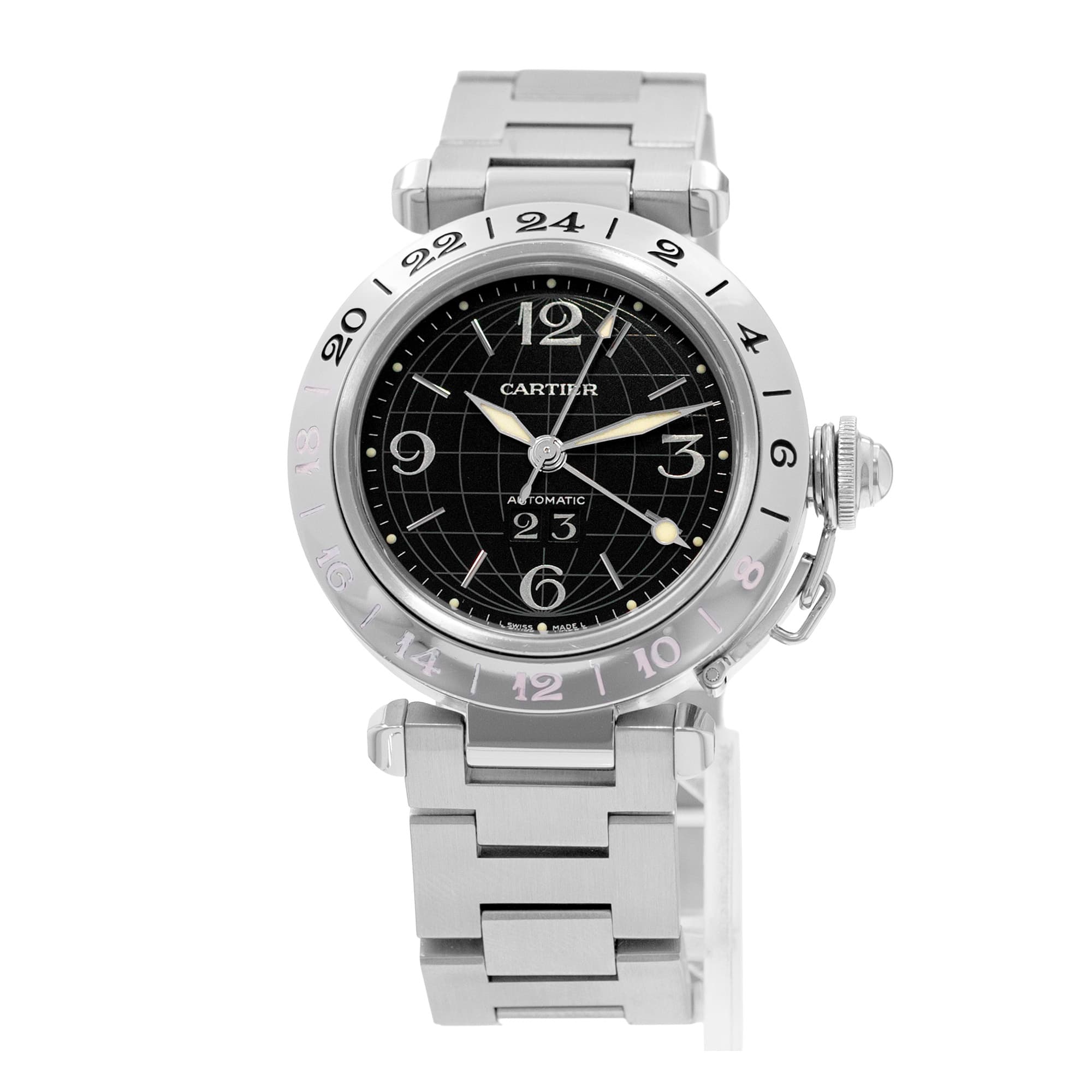 Cartier Pasha C W31049M7 2550 35mm Black Arabic GMT Steel Mens Watch 2005
