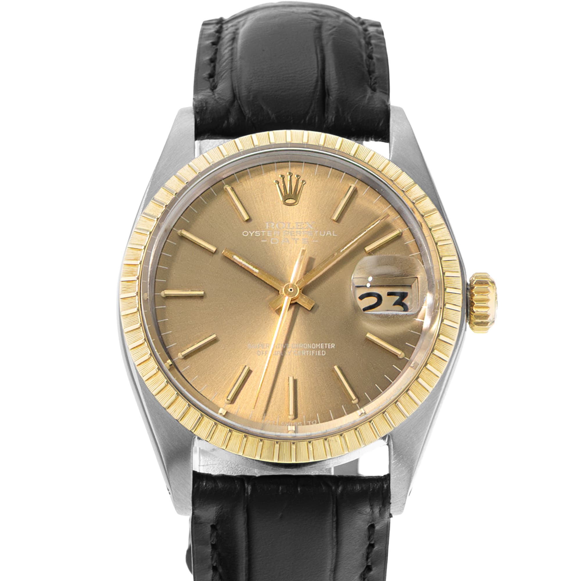 Rolex Oyster Perpetual Date 34 1505 Champagne Steel Yellow Gold Mens Watch 1972