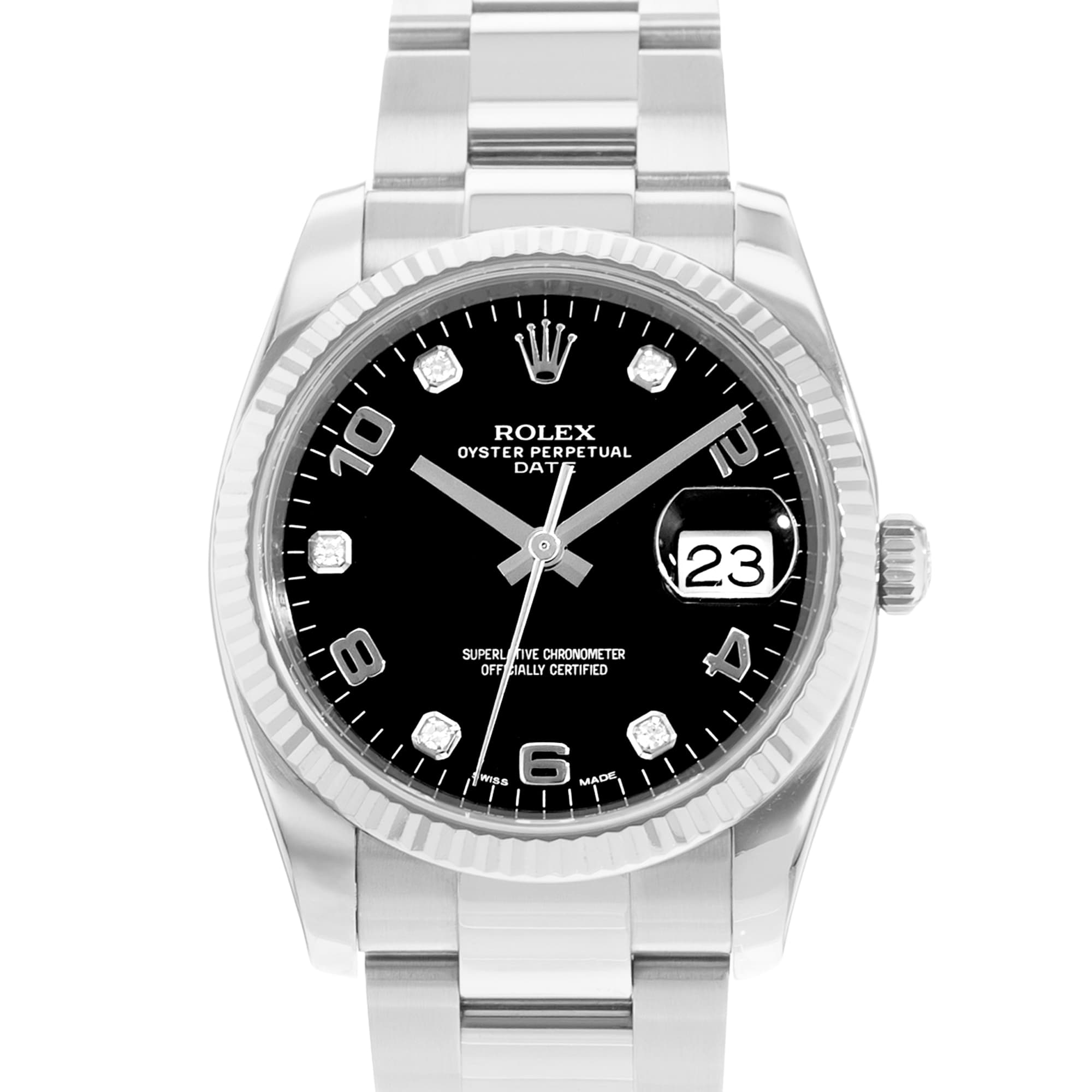 Rolex Oyster Perpetual Date 34 115234 Diamond Steel 18k White Gold Mens Watch