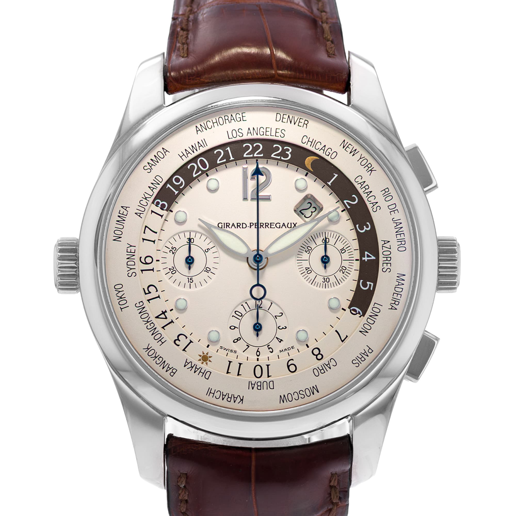Girard Perregaux WW.TC 4980 43mm White Silver Dial 18k White Gold Mens Watch