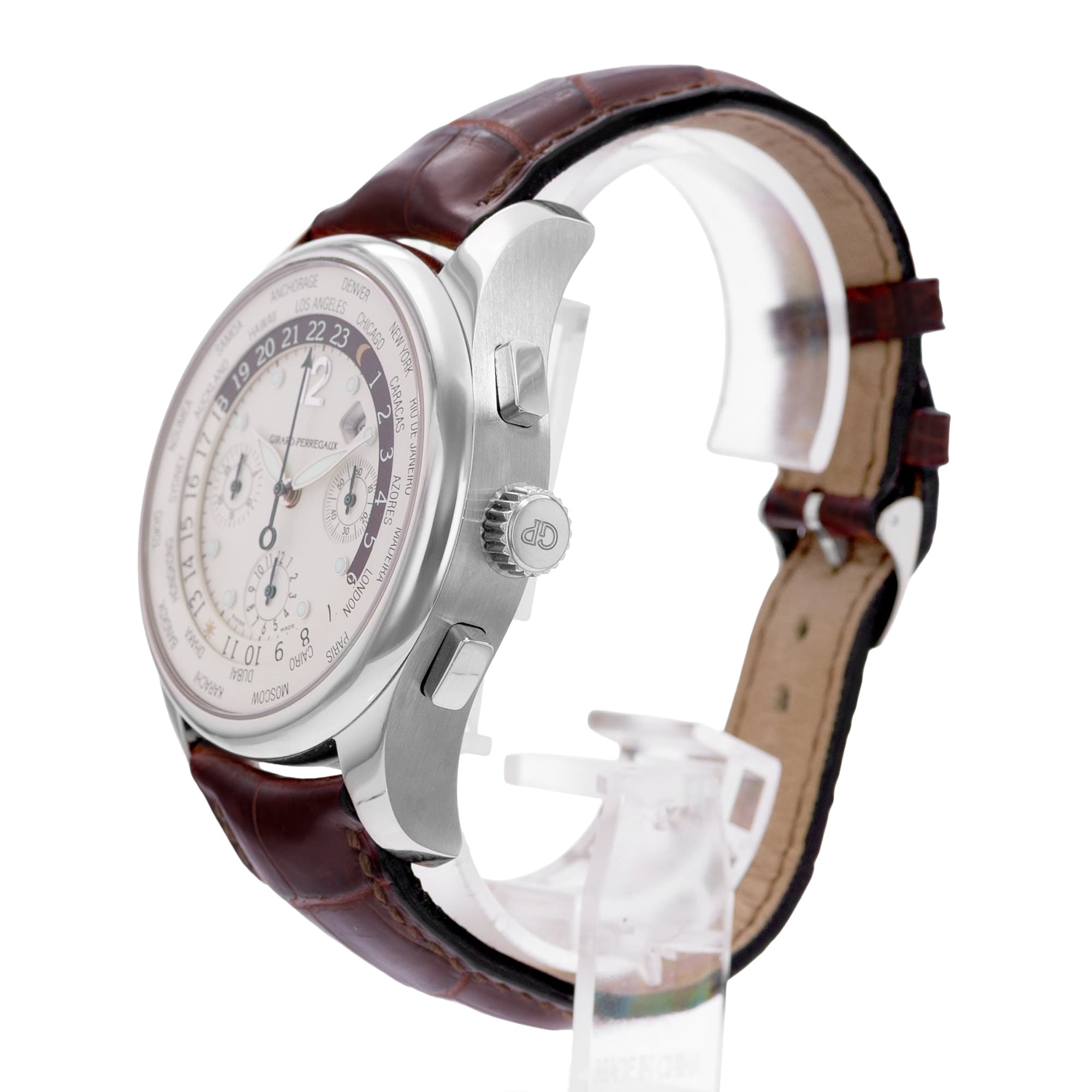 Girard Perregaux WW.TC 4980 43mm White Silver Dial 18k White Gold Mens Watch