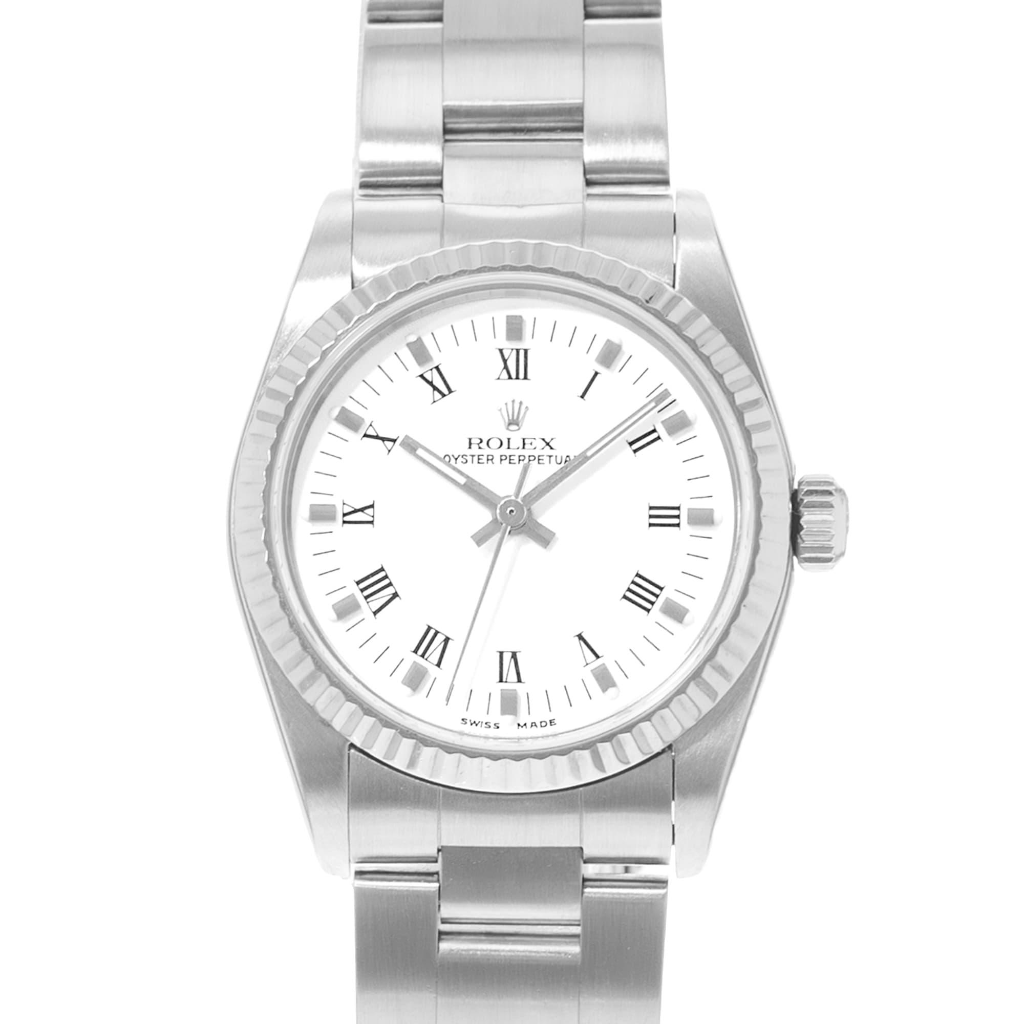 Rolex Oyster Perpetual 31 77014 White Roman Dial Steel White Gold Ladies Watch