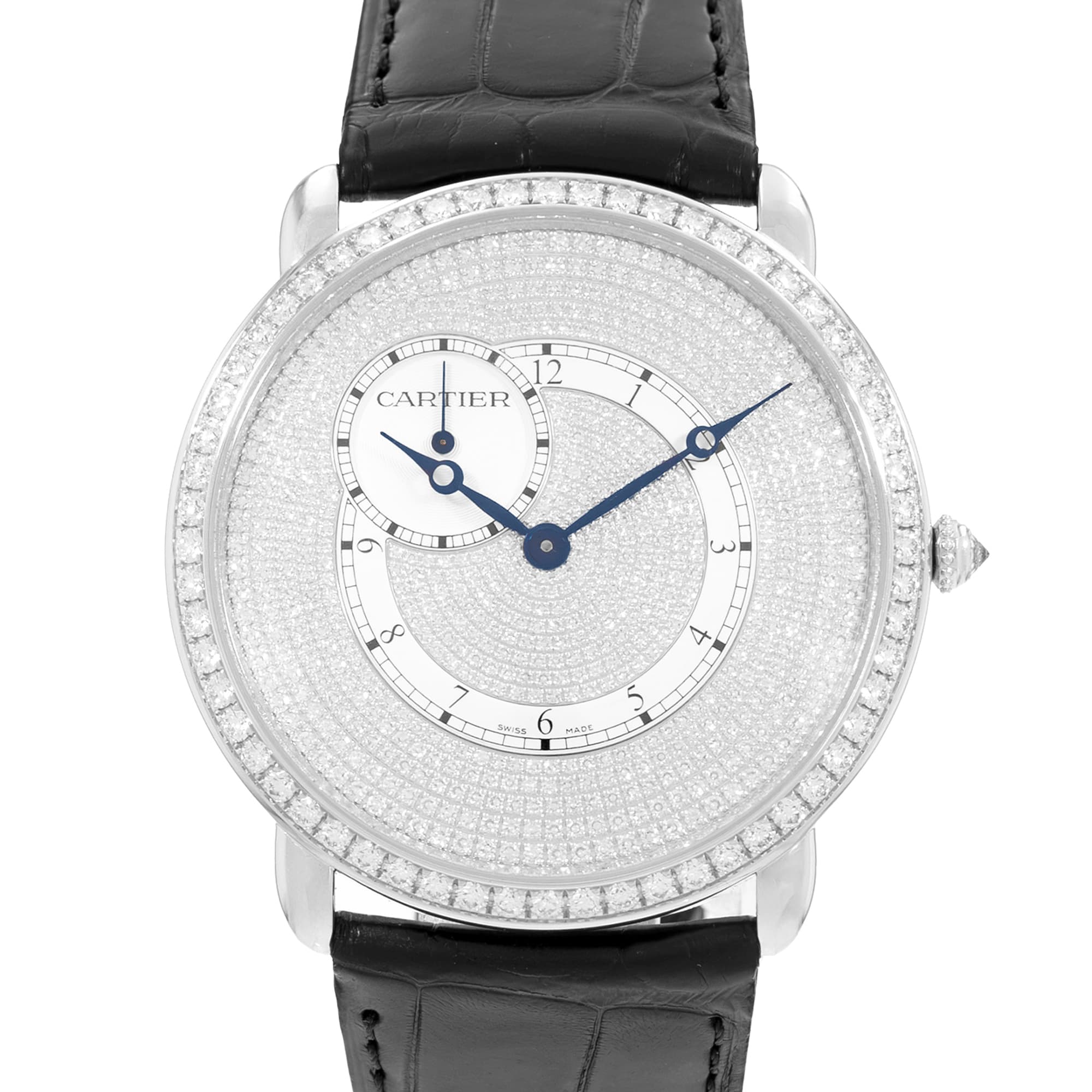 Cartier Ronde Louis WR007003 3269 42mm Silver Diamonds White Gold Mens Watch