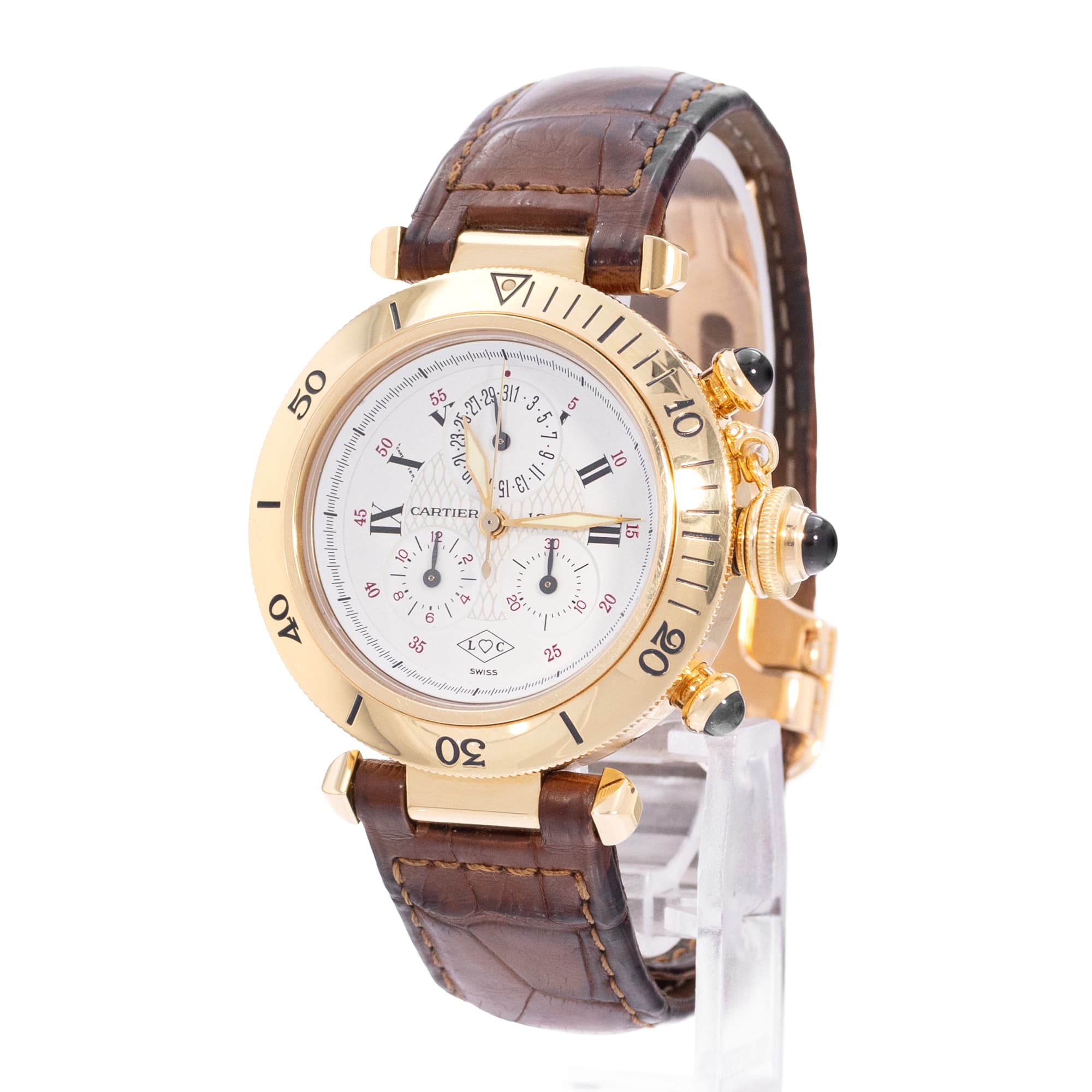 Cartier Pasha W30X7851 1351 35mm White Roman Yellow Gold Mens Watch Box Papers