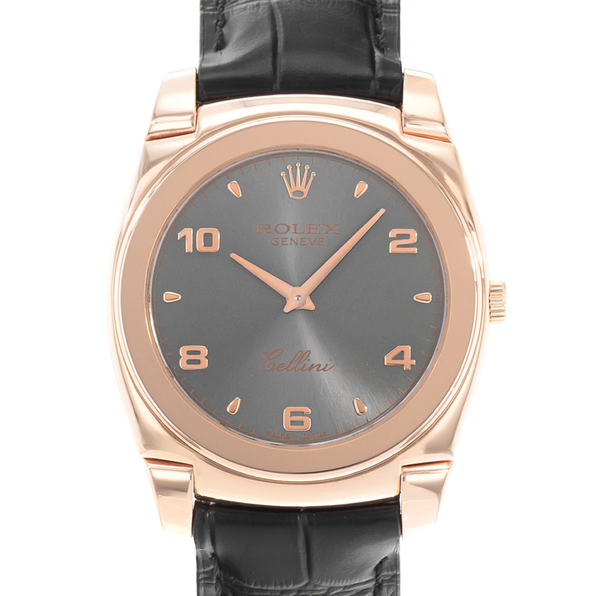 Rolex Cellini 5330 36mm Silver Arabic Rose Gold Leather Manual Wind Mens Watch