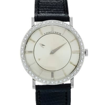 Longines Mystery Dial 167-B 32mm Diamond Index White Gold Leather Ladies Watch
