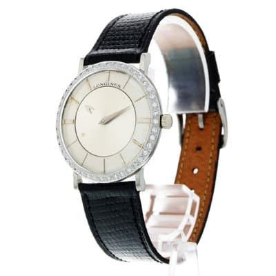Longines Mystery Dial 167-B 32mm Diamond Index White Gold Leather Ladies Watch
