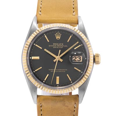 Rolex Datejust 36 1601 Vintage Patina Black Stick Steel Yellow Gold Mens Watch