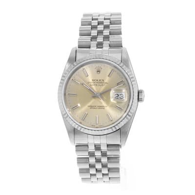 Rolex Datejust 36 16234 Silver Index Steel White Gold Jubilee Mens Watch 1991
