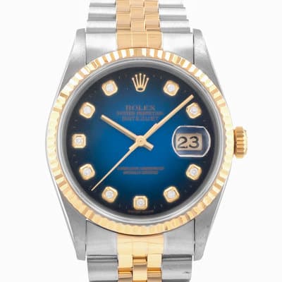 Rolex Datejust 36 16233 Blue Vignette Diamond Steel Yellow Gold Mens Watch 1996
